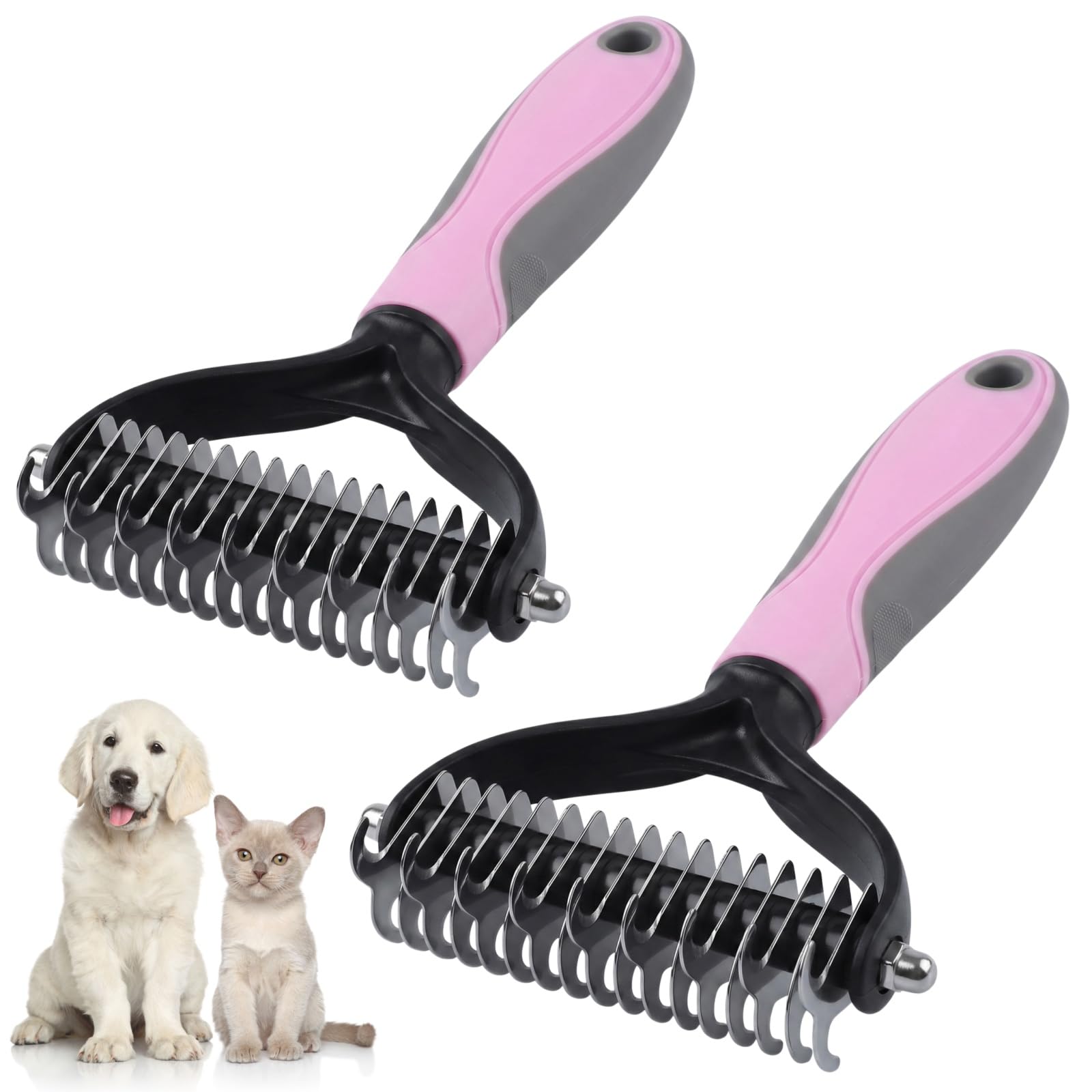 Pet Pro Grooming Tool, Unterwollkamm für Hunde Katzen 17 Zähne 2pcs | Edelstahl, TPR Griff, 17 Zähne, 2er Set, Langhaar Kurzhaar, Rundkopf, Fellpflege, Entfilzen, Blau Rosa