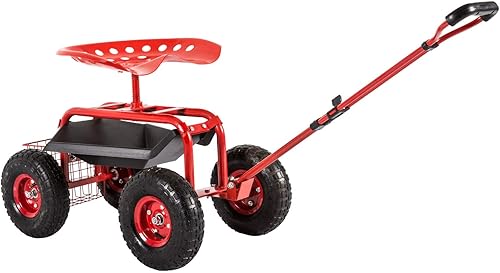 kinbor Carrito de jardín, asiento de trabajo con mango de dirección extensible, asiento giratorio y bandeja de herramientas para plantar al aire