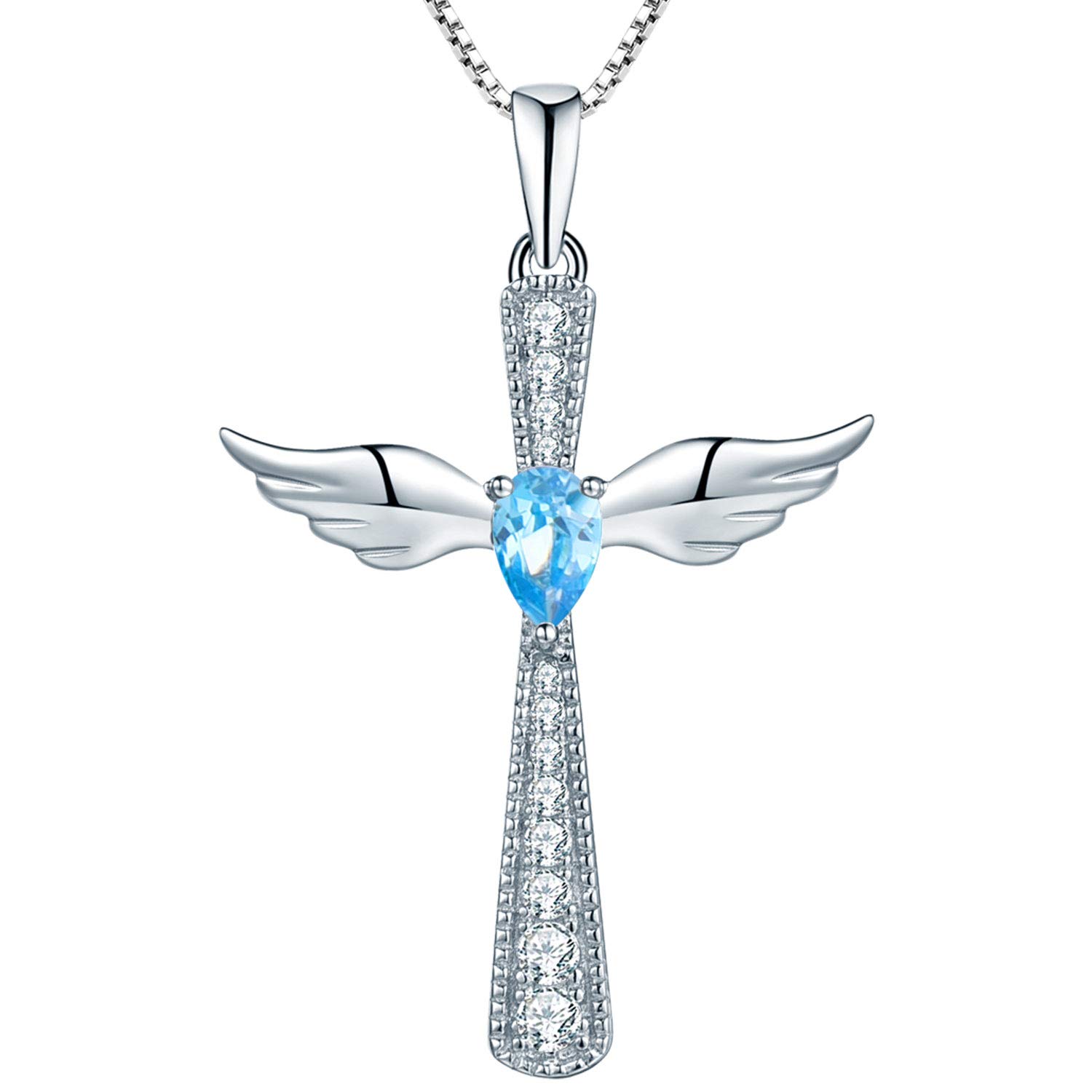 YL Collar con una cruz Ala de ángel Plata de ley 925 12 Piedras de nacimiento Circonita Colgante de ángel de la guarda para mujer, Cadena 45 + 3 CM
