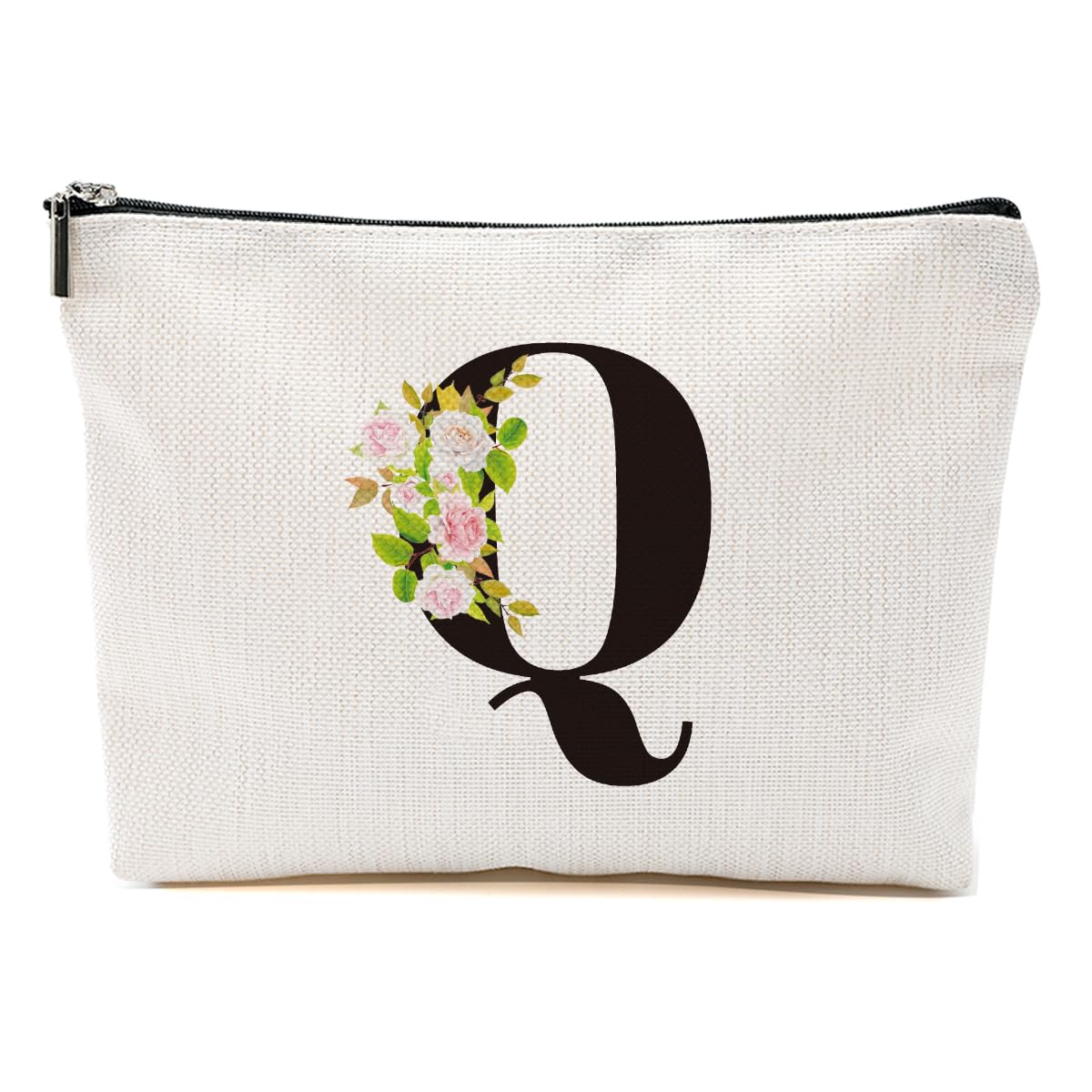 Personalized Makeup Bag, Initial Letter Q Makeup Bag for Women Rose Monogram Cosmetic Bags Toiletry Pouch, Monogrammed Gifts for Women Mom Grandma