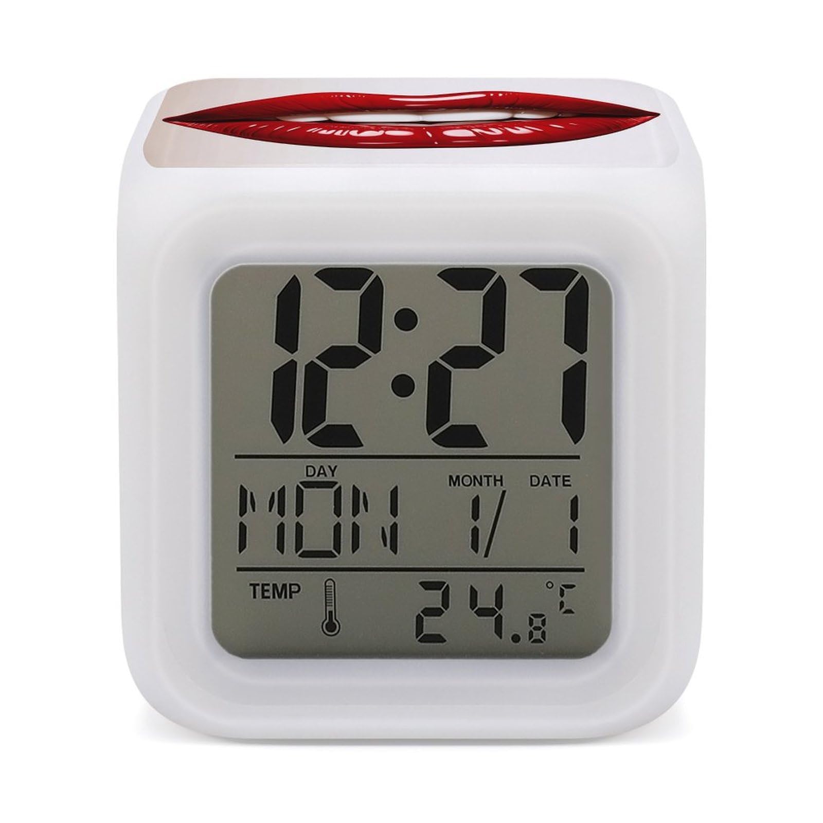 Reloj despertador con diseño gráfico de labios rojos y luces LED para despertares alegres 1