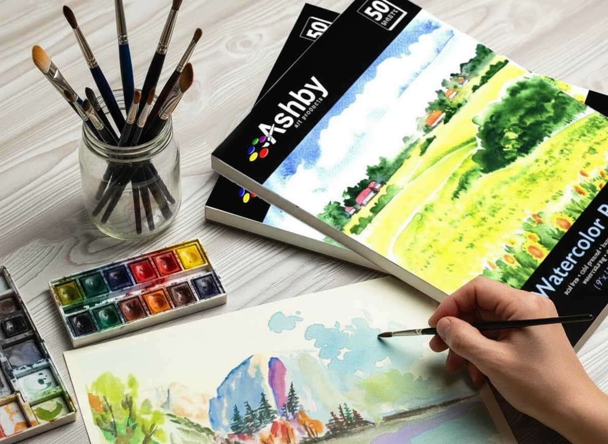 Ashby 100 arkuszy papieru akwarelowego (23 cm x 30 cm) – ciężki materiał (190 g/m²), 100% bawełna, bezkwasowy i tłoczony na zimno, idealny do malowania lub rysowania, na mokro, suche i mieszane