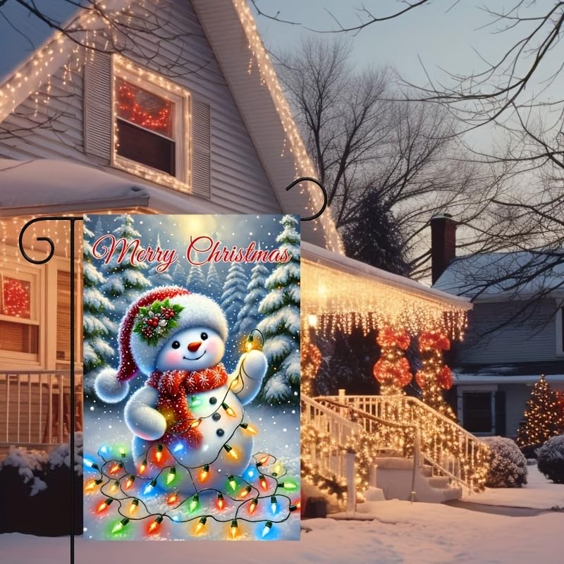 Image of Blissyard Merry Christmas Garden Flag With Festive Snowman Colorful Holiday Lights And Snowy Trees Christmas Garden Flags For Outside Outdoor Yard Decoration 12x18 Inch