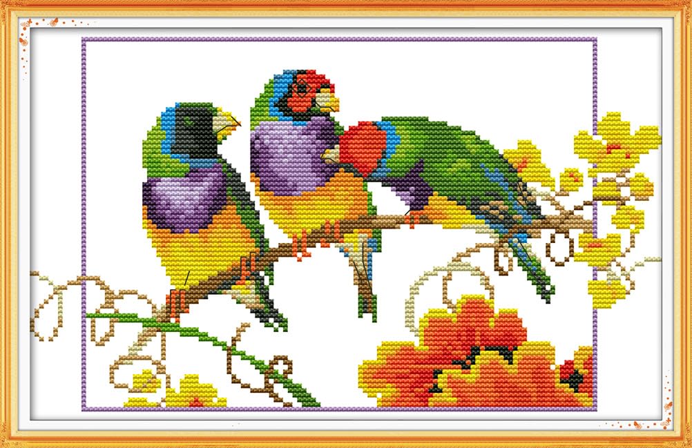 Meecaa Cross Stitch Kits 14 Count Stamped, Colorful Parrot Branch Flower Embroidery Kit with Accessories Pre Printed（32×20CM (Parrot)