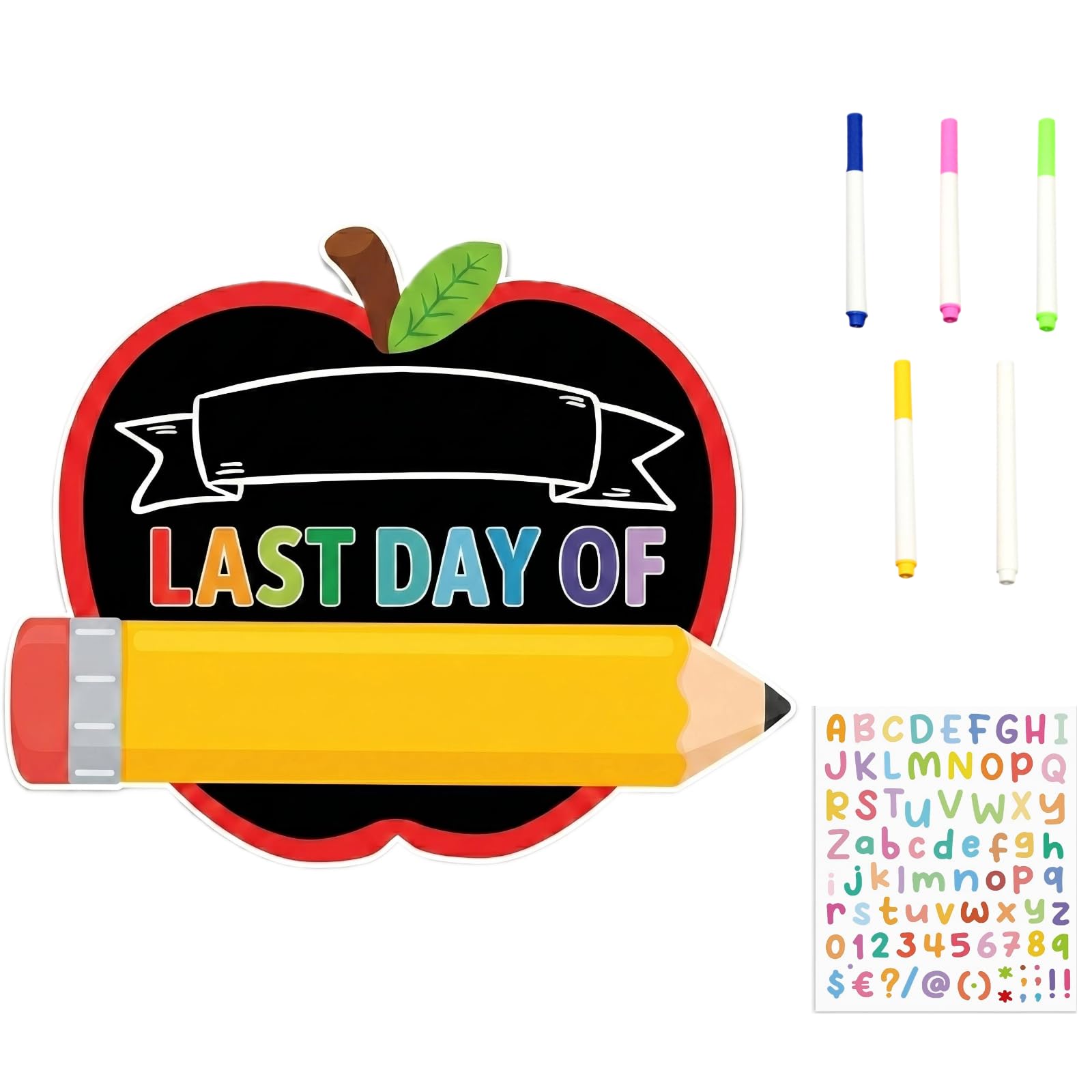 First Day of School Board Set, Apple Chalkboard with Erasable Highlighters and Colored Stickers, Reusable Back to School Supplies for Classroom Decoration My First Day Photos School Events for Kids