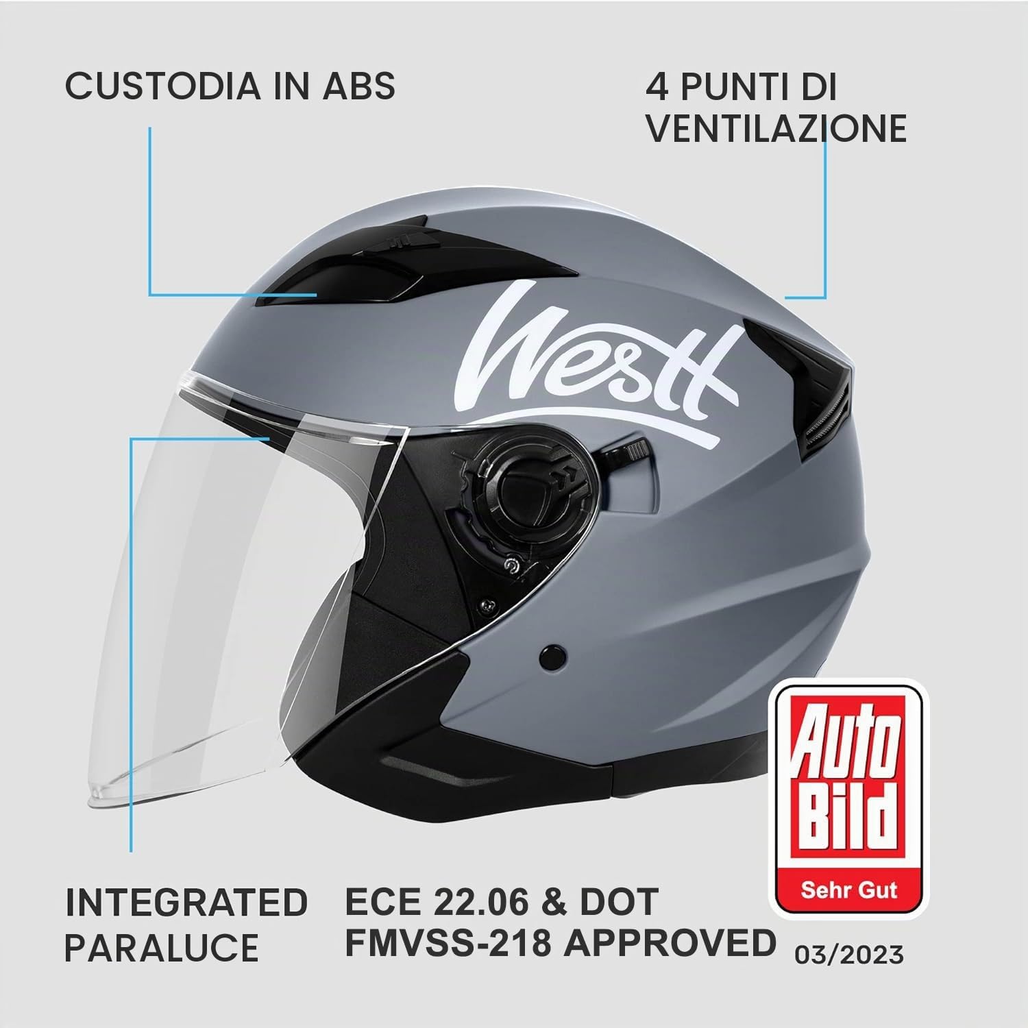 Casco jet Westt doppia visiera omologato ECE 22.06 nero grigio bianco