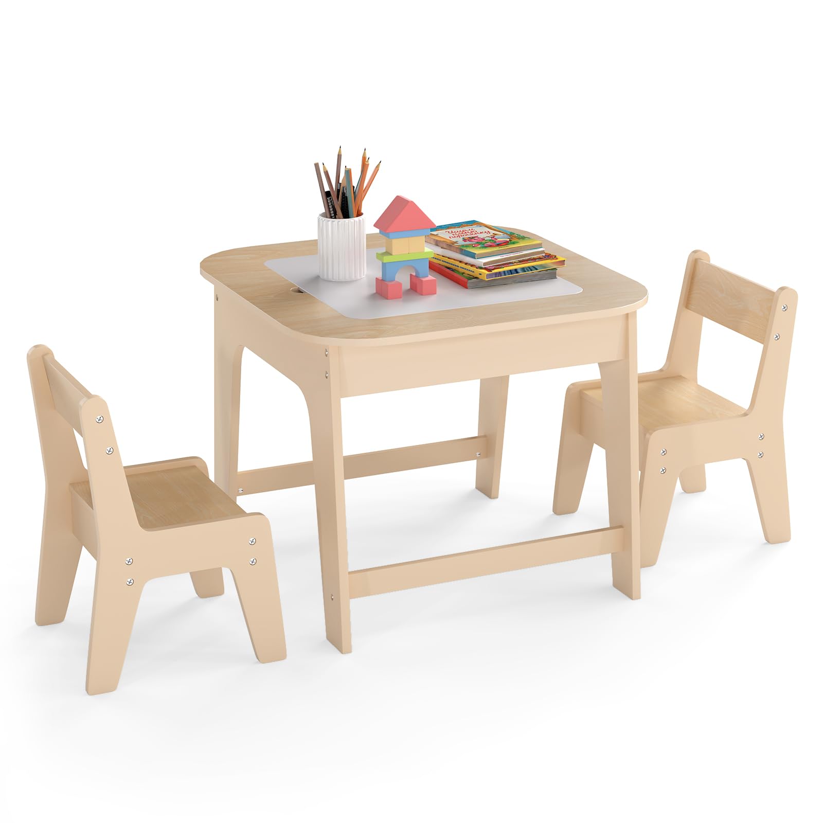 COSTWAY Juego de Mesa y Sillas para Niños, Juego de Mesa de Actividades Infantil con Almacenamiento Oculto, 2 Sillas Ergonómicas, Set de Muebles para Arte, Manualidades (Natural)