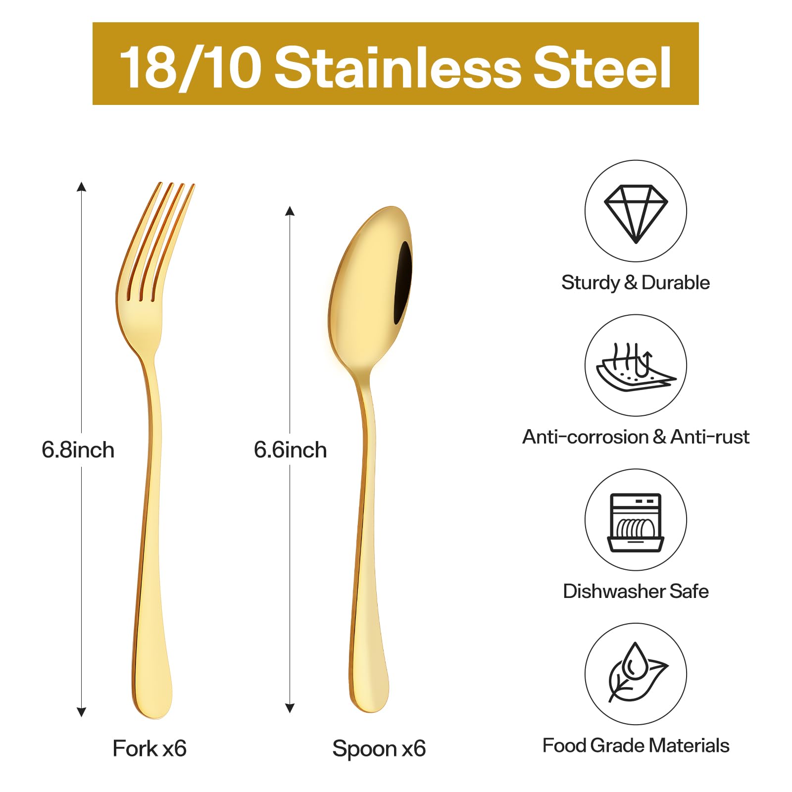 12 Pieces Spoons and Forks Set,Food Grade Stainless Steel Flatware Cutlery Set,6 Forks(6.8 inch)and 6 Spoons(6.6inch)Silverware Set for Home,Kitchen,Restaurant-Mirror Polished & Dishwasher Safe(Gold) — Amazon image 2