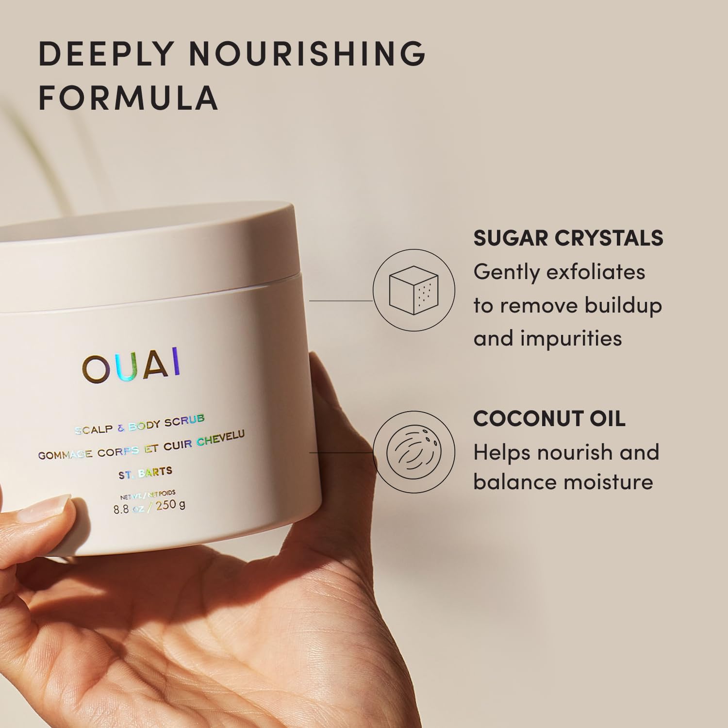 OUAI St. Barts Scalp and Body Scrub, Deep-Cleansing Sugar Scrub for Hair and Skin that Exfoliates and Moisturizes, 8.8 Oz
