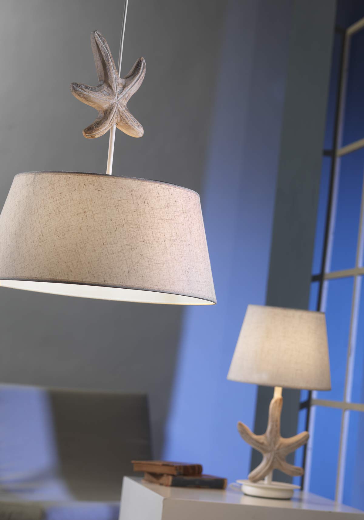 onli – Lámpara de mesa de madera decoración estrella con pantalla de lámpara de plástico, Beige,