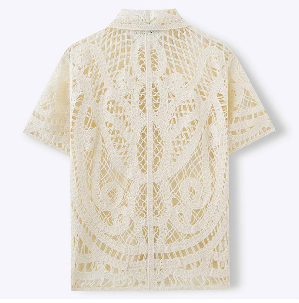 Herren Button-Down-Hemd Kurzarm Häkeln Aushöhlen Stricken Sommer durchsichtige Urlaub Strandhemden