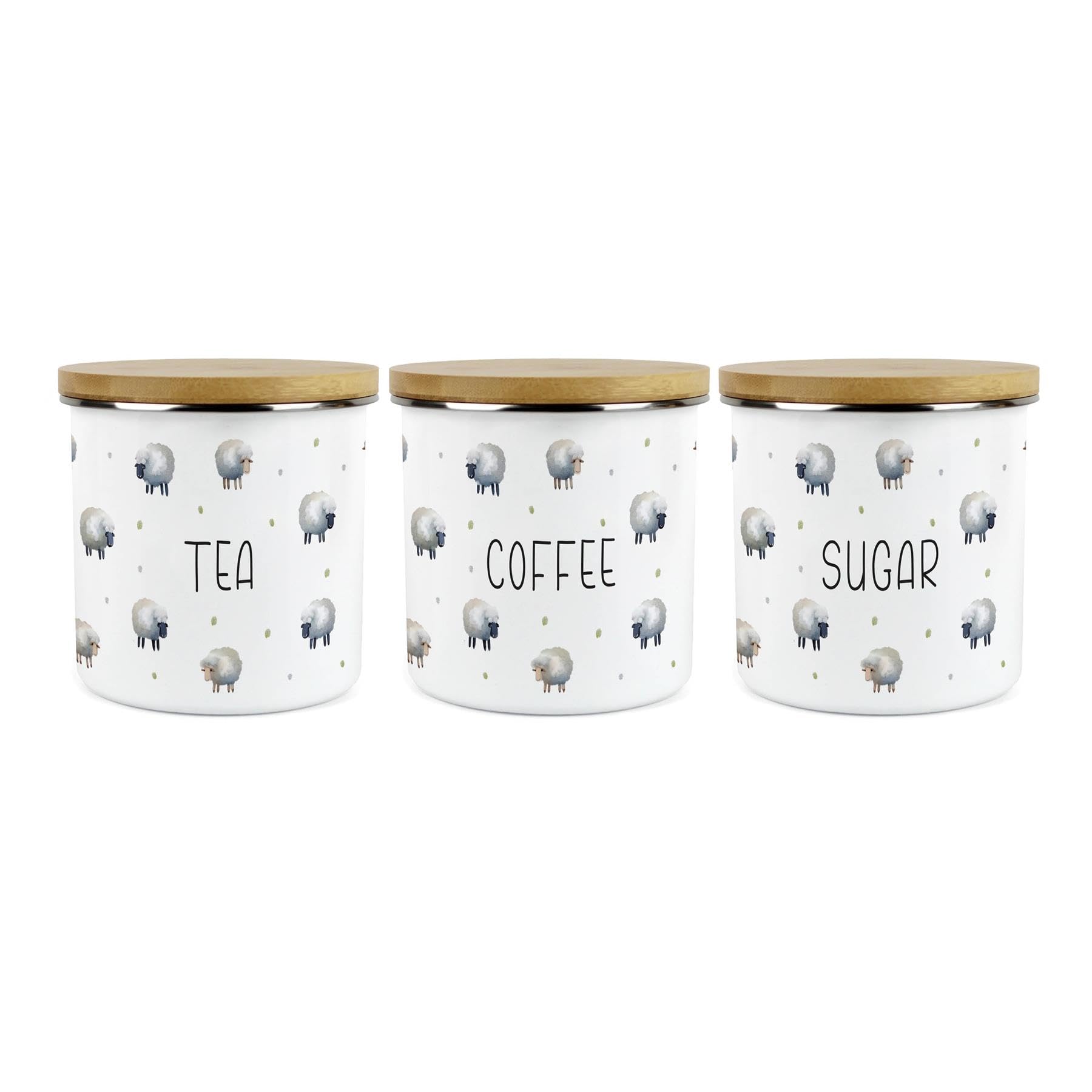 B&Q -  Spring Sheep Tea Coffee & Sugar Storage Canisters Set Of 3Cartoon Farm Animal Kitchen Décor1.2L Enamel Storage Containers