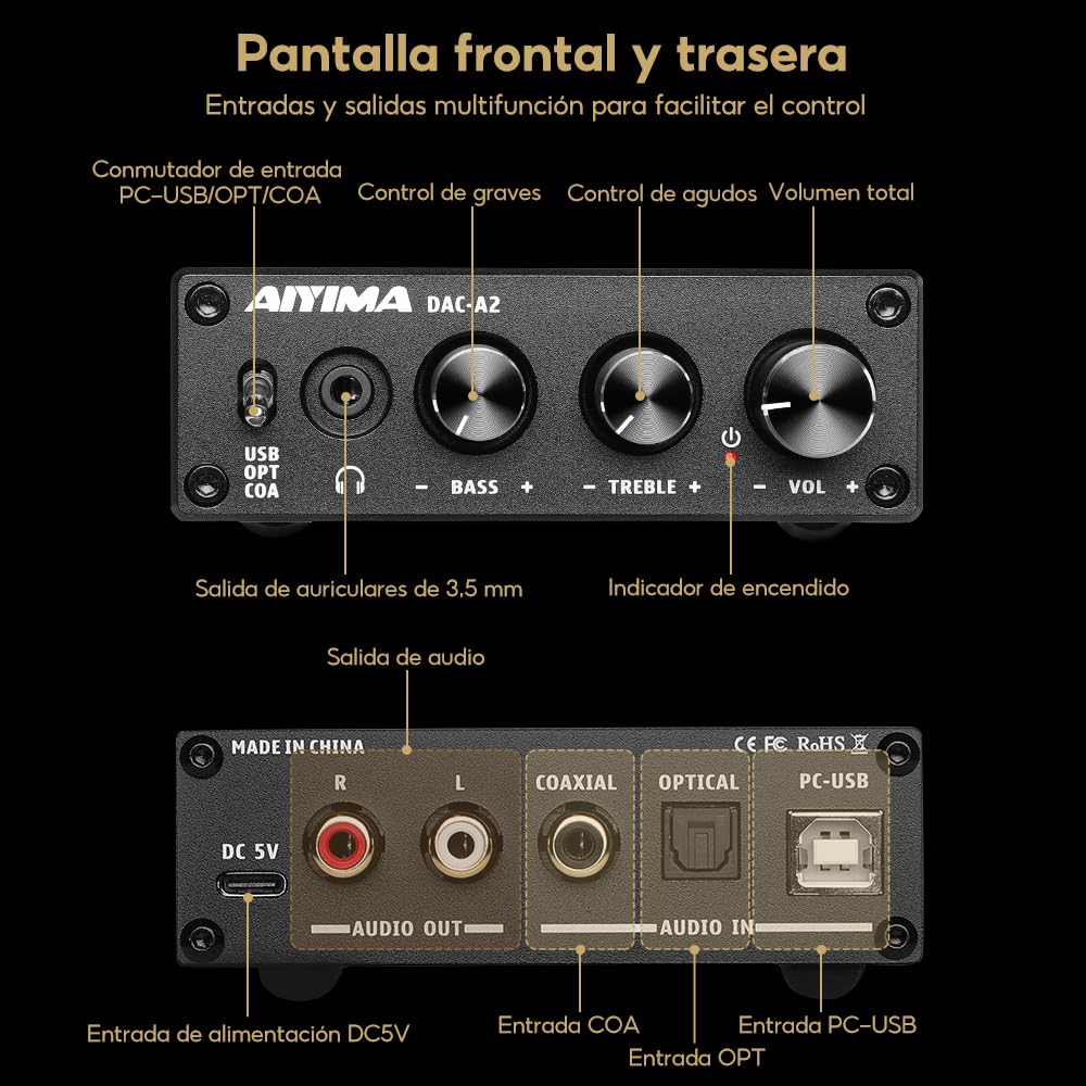 AIYIMA DAC A2 Amplificador de auriculares DAC Convertidor DAC estéreo de digital a analógico para PS5/PC/MAC Juego de sobremesa DAC Amp PC-USB/Coaxial/Optico a 3.5mm AUX RCA Salida de auriculares