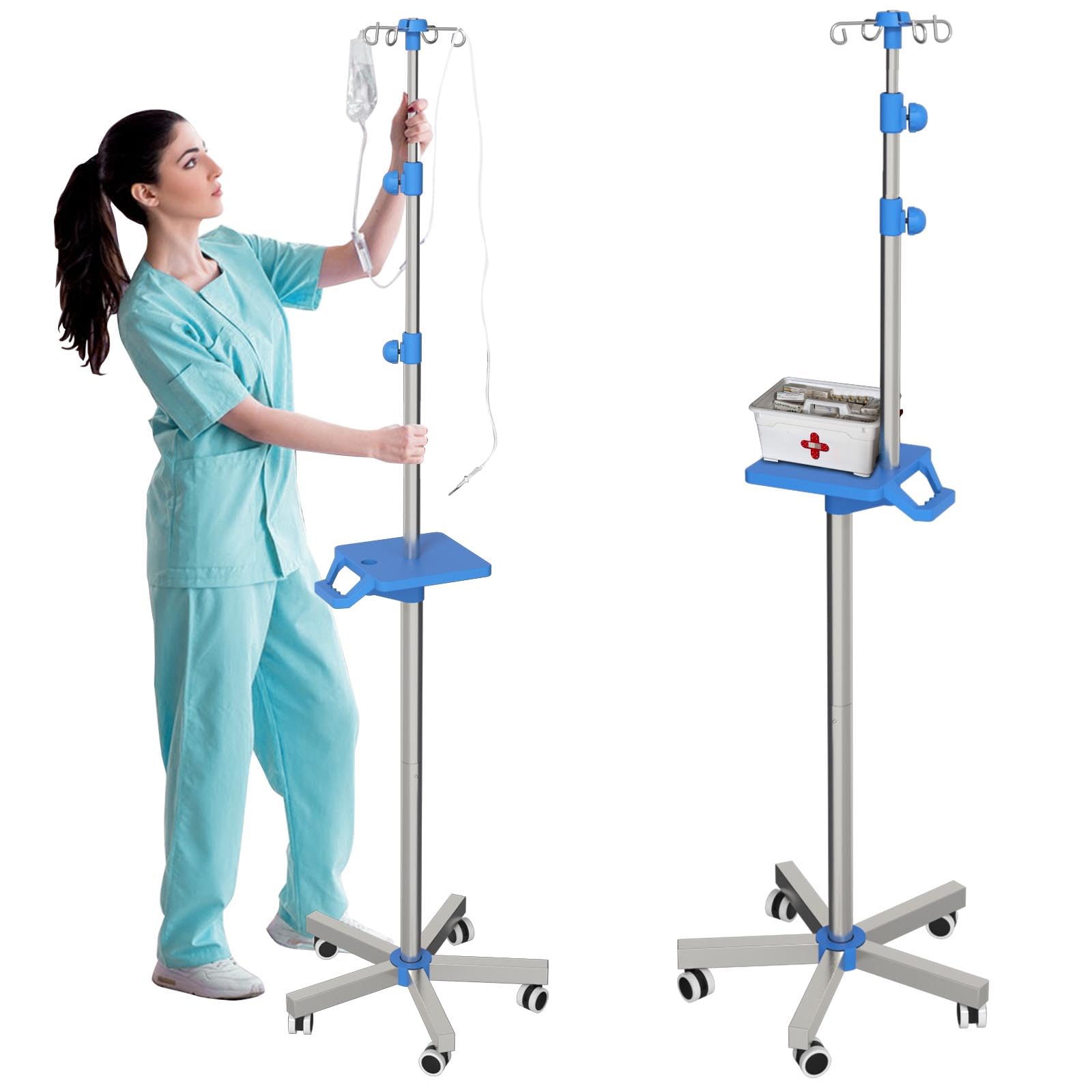 Rolling IV Supporto con vassoio – Supporto IV in acciaio inox con 4 ganci, ruote e struttura regolabile in altezza per cliniche e a casa