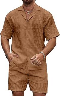 Conjunto de camisa y pantalones cortos para hombre, transpirable, de verano, 2 piezas, casual, con manga corta, con botones, cintura elástica, ligero, ajuste regular