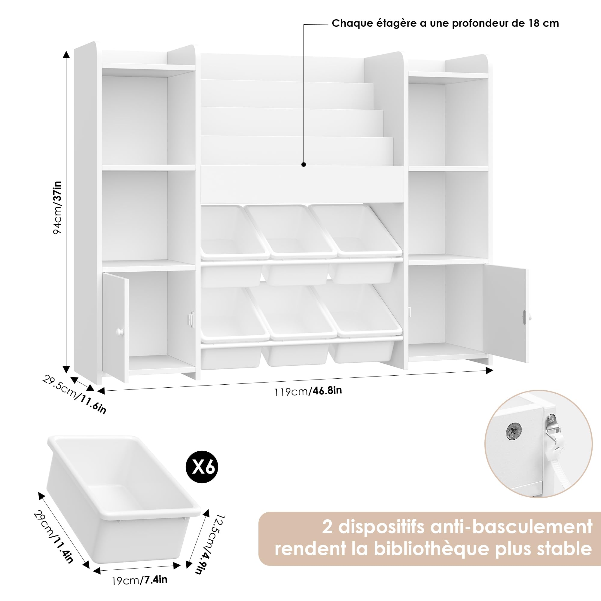 FOREHILL Meuble Rangement Enfant Bibliothèque Enfant avec 6 Boîtes Amovibles 12 Étagères Rangement Jouet Enfant pour Chambre d’Enfant Salle de Jeu Blanc