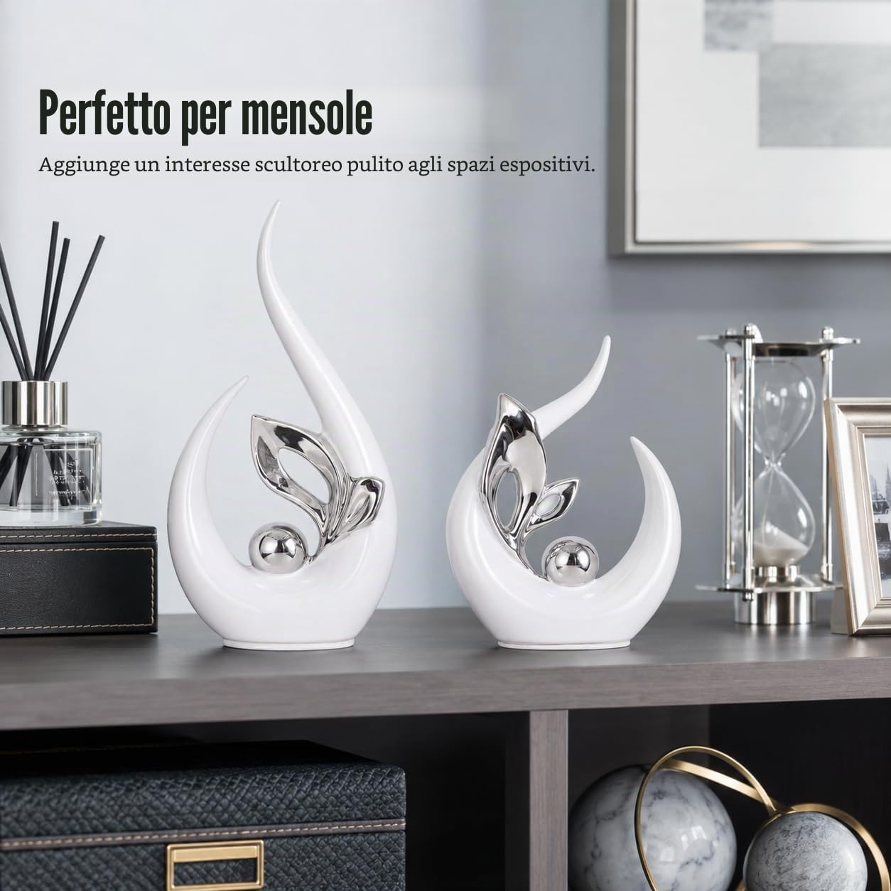 XMGZQ Bianco e Argento Statua in Ceramica Set di 2,Scultura Moderna,Ornamenti Astratta,Oggetto Decorativo,Decorazioni della Tavola per il Soggiorno Sala da Pranzo Bedroon Office Centrotavola