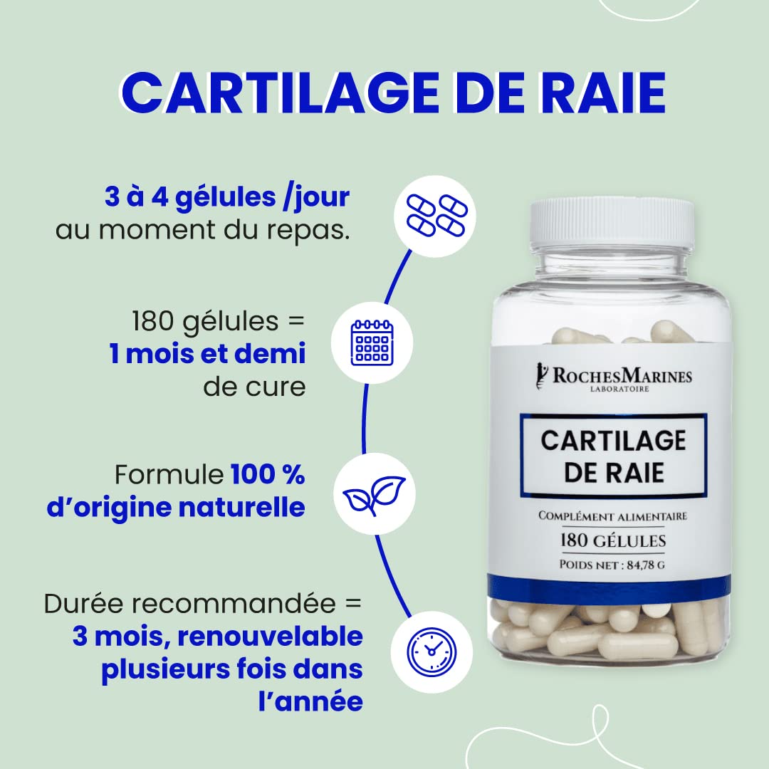 Roches Marines - Complément alimentaire Cartilage de raie - Soutien des articulations - Source de calcium, phosphore, collagène, glucosamine, chondroïtine - 180 gélules - Développé en France