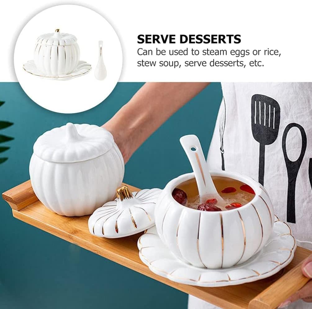Serving Dish Pumpkin Dessert Bowl Soup Bowl with Saucer and Spoon Salt Container with Lid and Base Condiment Containers Sugar Bowl Ceramic Dinnerware for Halloween Party Ceramic Crock