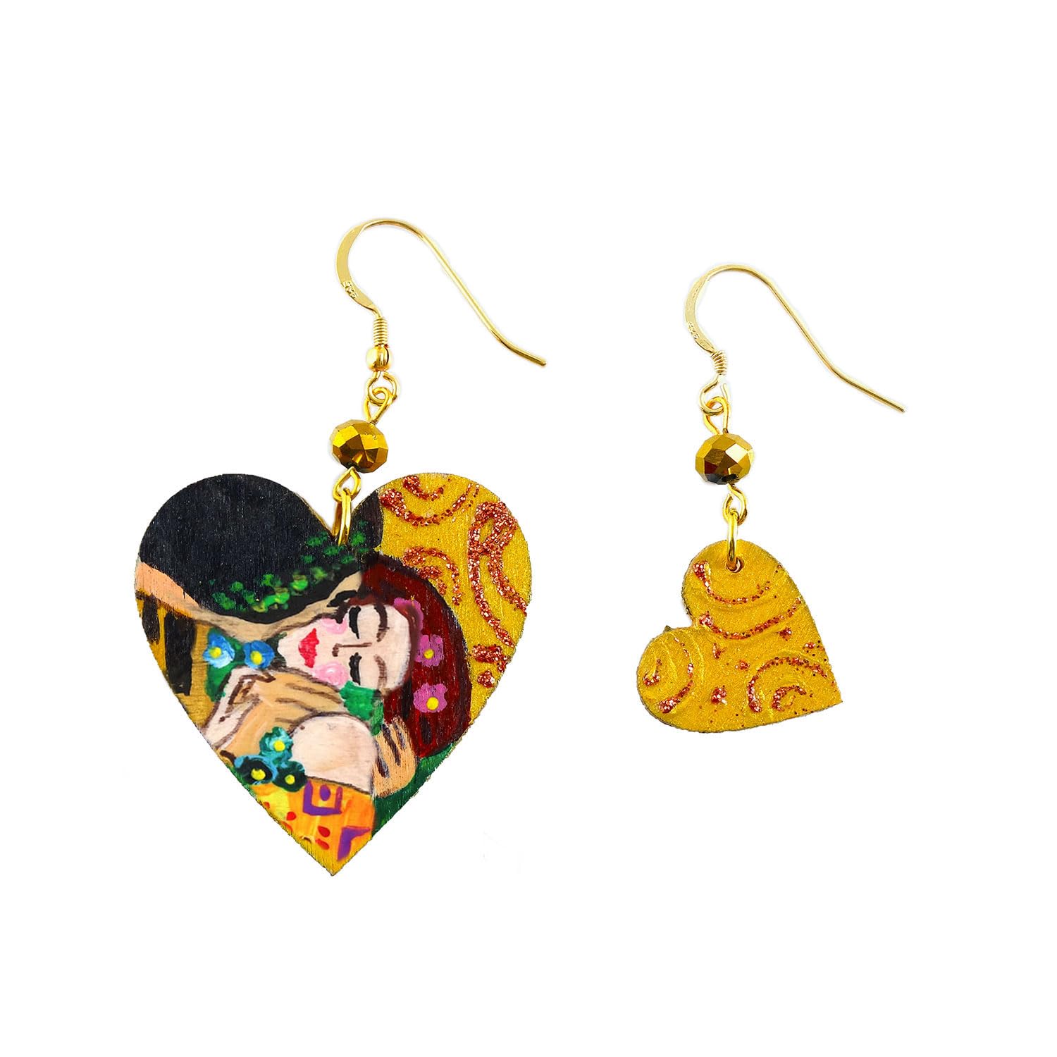 Orecchini dipinti a mano – IL BACIO DI KLIMT - Orecchini pendenti da donna, Gioielli in legno dipinti a mano, Gancio in argento, Made in Italy, Lavorazione Artigianale, Bijoux Arte Lisanti