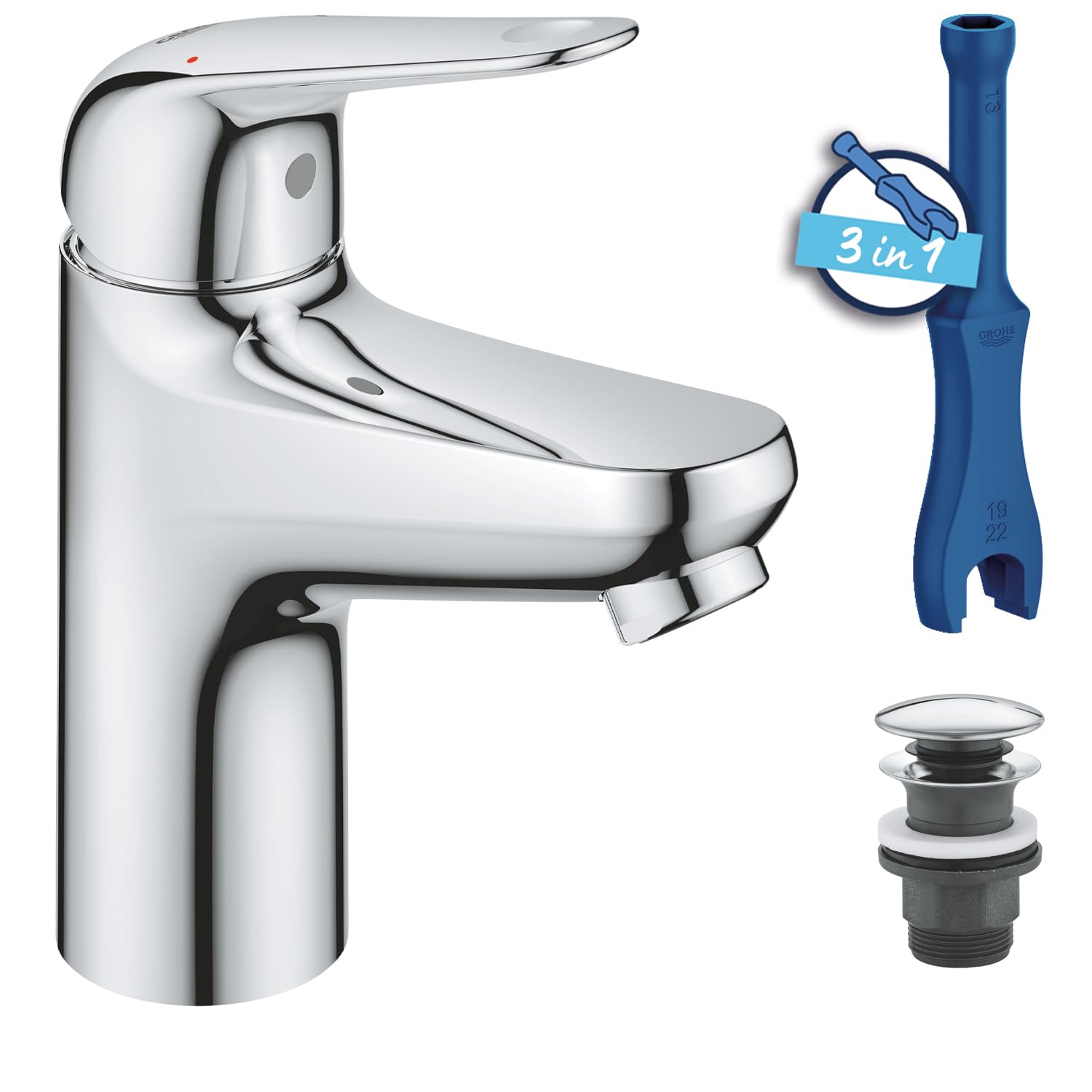 GROHE Swift, Waschtischarmatur, wassersparend (Wasserhahn für das Bad, Badarmatur mit Pop-Up Ablauf, 16cm hoch, mit 3in1 Werkzeug, einfache Installation am Waschbecken), chrom, 24318001