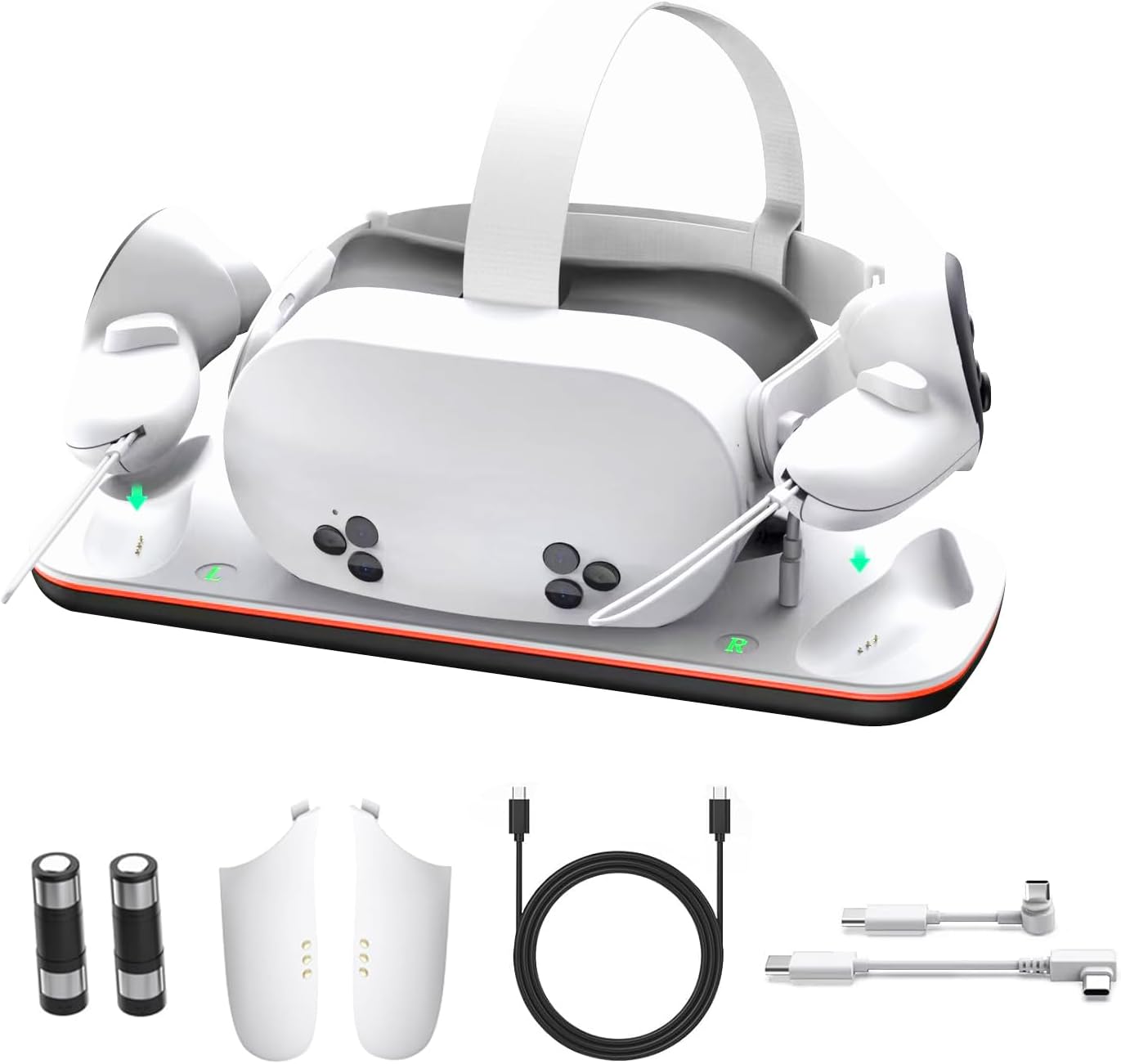 Charging Dock for Meta Quest 3S/3, VR Charging Station with LED Indicator for Headset & Controllers, Magnetic Charger Display Stand Accessories with 2 Rechargeable Batteries, White
