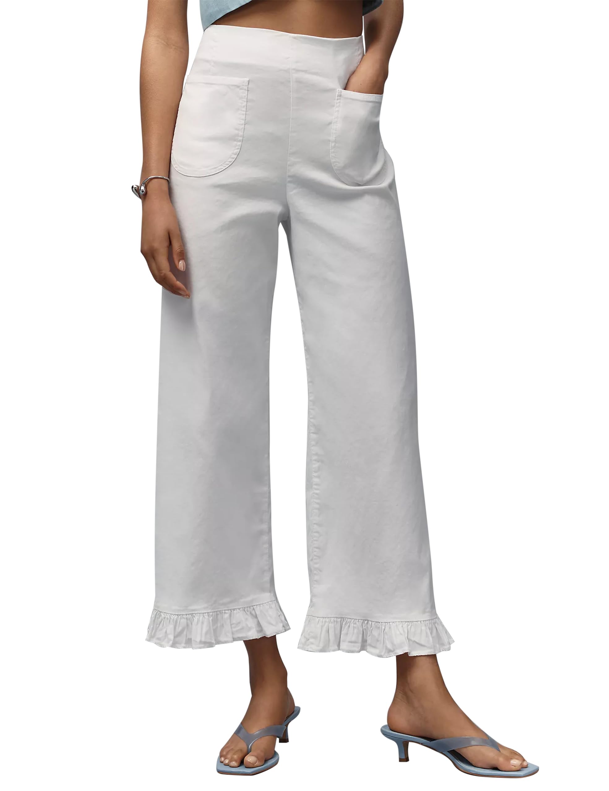 Womens Flare Wide Leg Pants Summer Casual High Waist Ruffle Cropped Hem Loose Fit Trousers with Pockets