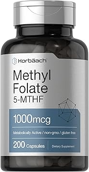 Horbäach Methyl Folate Supplement | 1000 mcg | 200 Capsules | 5-MTHF | Folic Acid | Non-GMO, Gluten Free Methylfolate