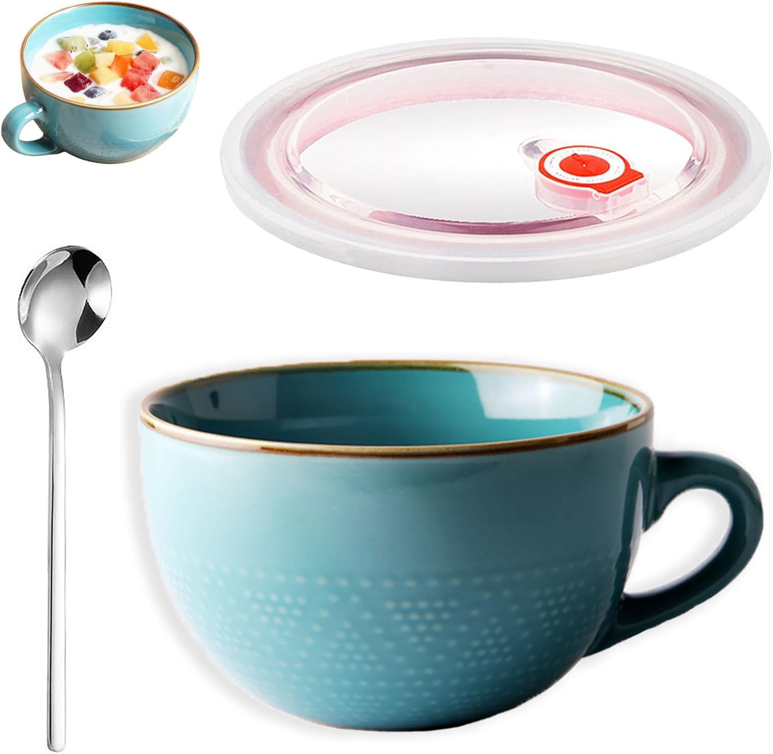 700ML Ceramics Coffee Cup, Large Coffee Cup, Large Ceramic Mug, Larges Soup Bowl with Lid and Spoon, Yoghurt Bowl, Salad Bowl, Grain Bowl, Suitable for Milk, Oatmeal and Hot Tea, Bule