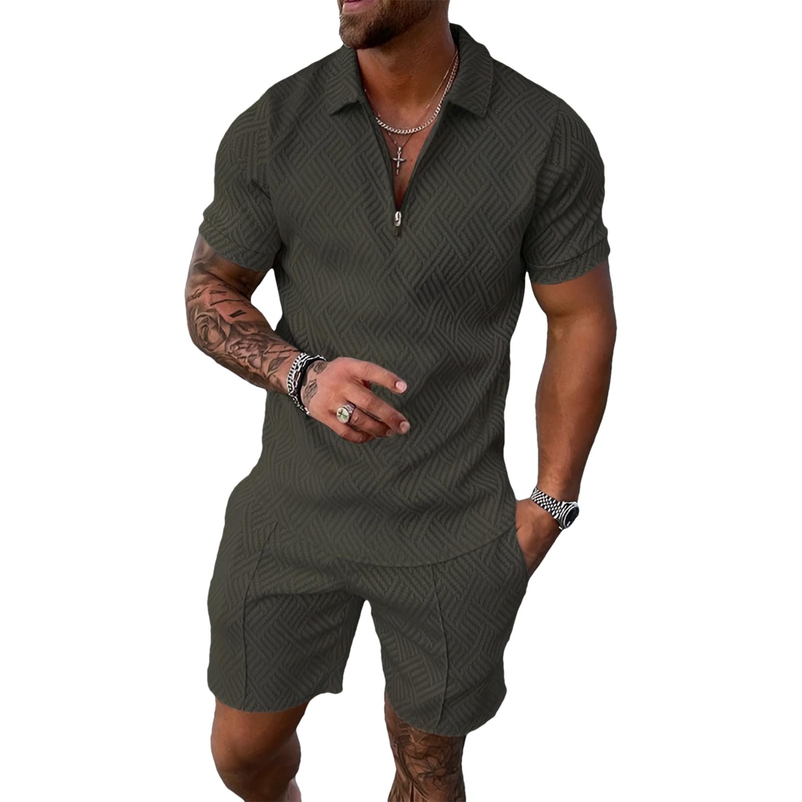 amropi Chándal Deportivo para Hombre Cremallera Camiseta y Pantalones Cortos 2 Piezas Verano Conjunto