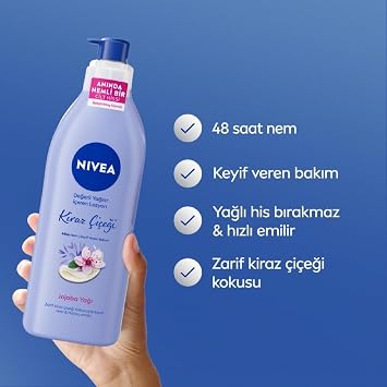 NIVEA Değerli Yağlar İçeren Vücut Losyonu Kiraz Çiçeği ve Jojoba Yağı, 400 ml,Tüm Ciltler,48 Saat Nemlendirici, Hızlı Emilir