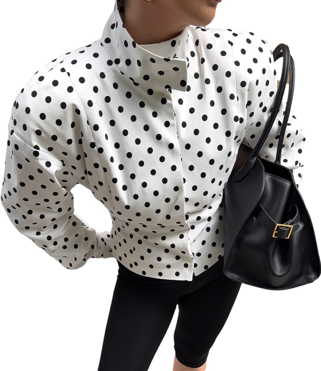 Womens Polka Dot Print Stand Neck Short Jackets Retro Zipper Lantern Sleeve Streetwear Jackets Outerwear