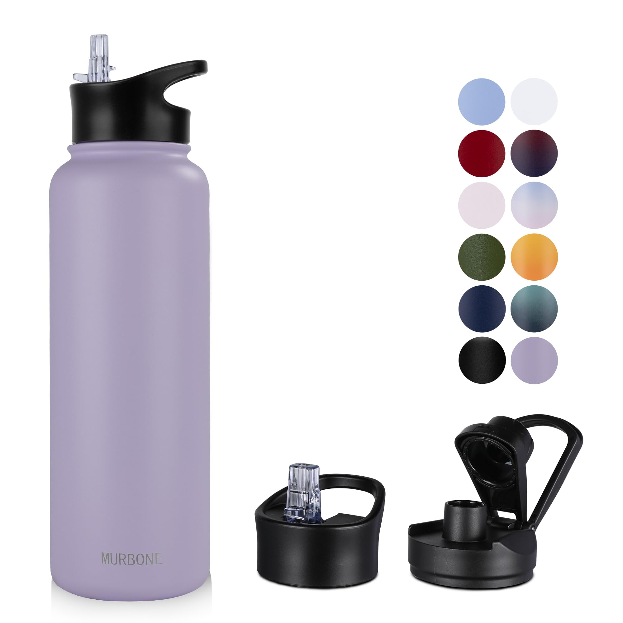 MURBONE Stainless Steel Water Bottle, 1.2 Litres (+2 Lids) - with Straw, BPA-Free, Leak-Proof Thermos Flask, Suitable for Carbonated Drinks, Vacuum Double Wall Insulation for Sport, Travel, Camping — image 1