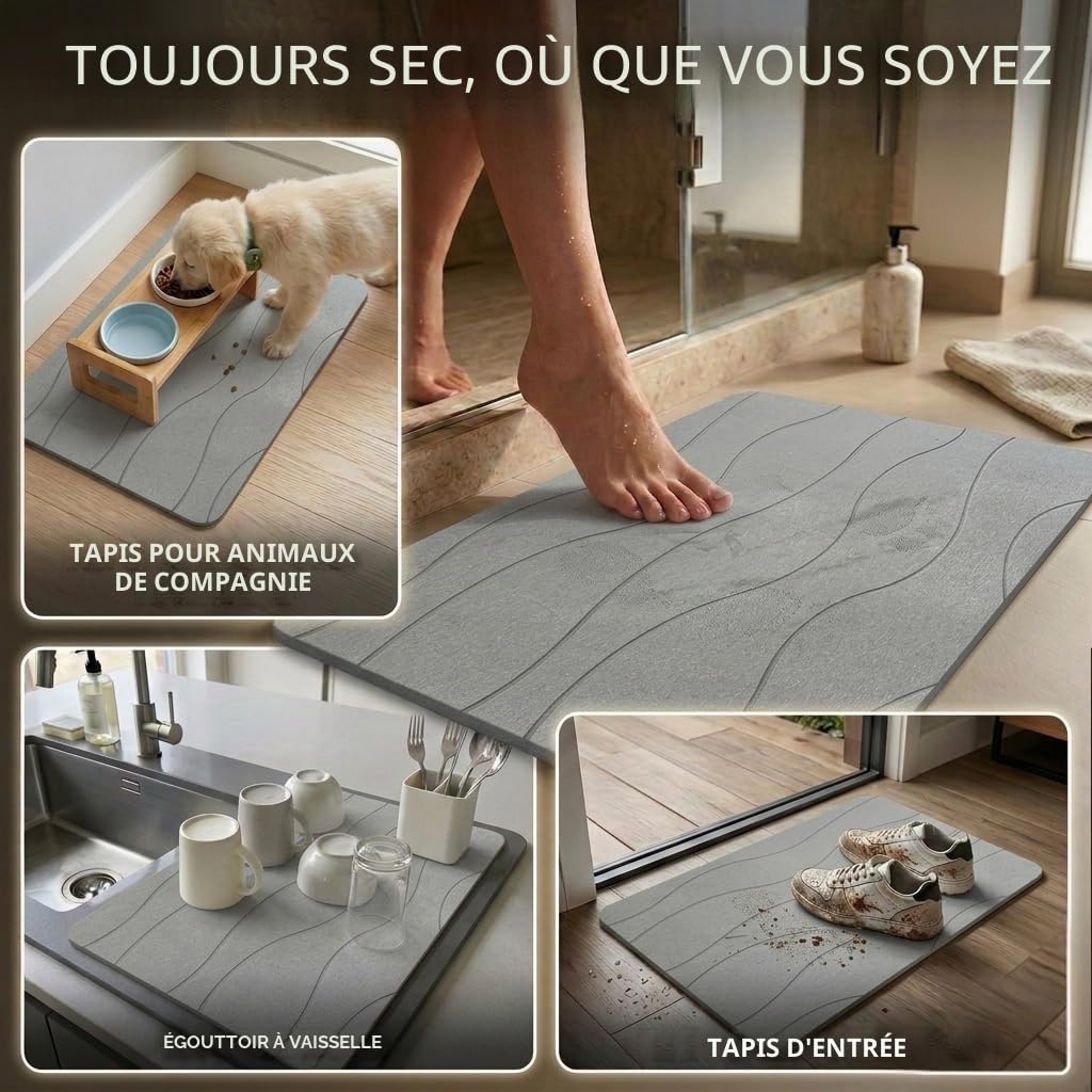 Tapis de Bain Diatomite 40x60 cm, Séchage Rapide, Antidérapant, Anti-Moisissure, Gris Clair
