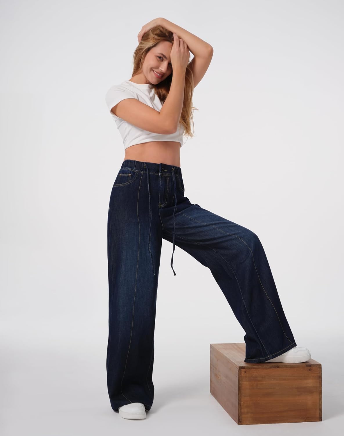 roswear Womens Jeans Non-Stretch Sweatpants Loose Fit Pull On Elastic Waist Front Seam Pants - Image 7