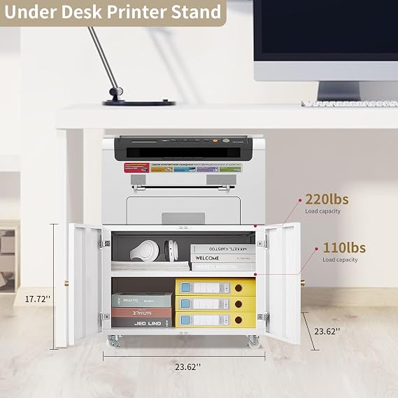Metal Printer Stand with Storage, Under Desk Rolling Printer Cabinet with Doors and Adjustable Shelves for Small Space, White 3D Printer Table Stand with Wheels for Office Copier Fax