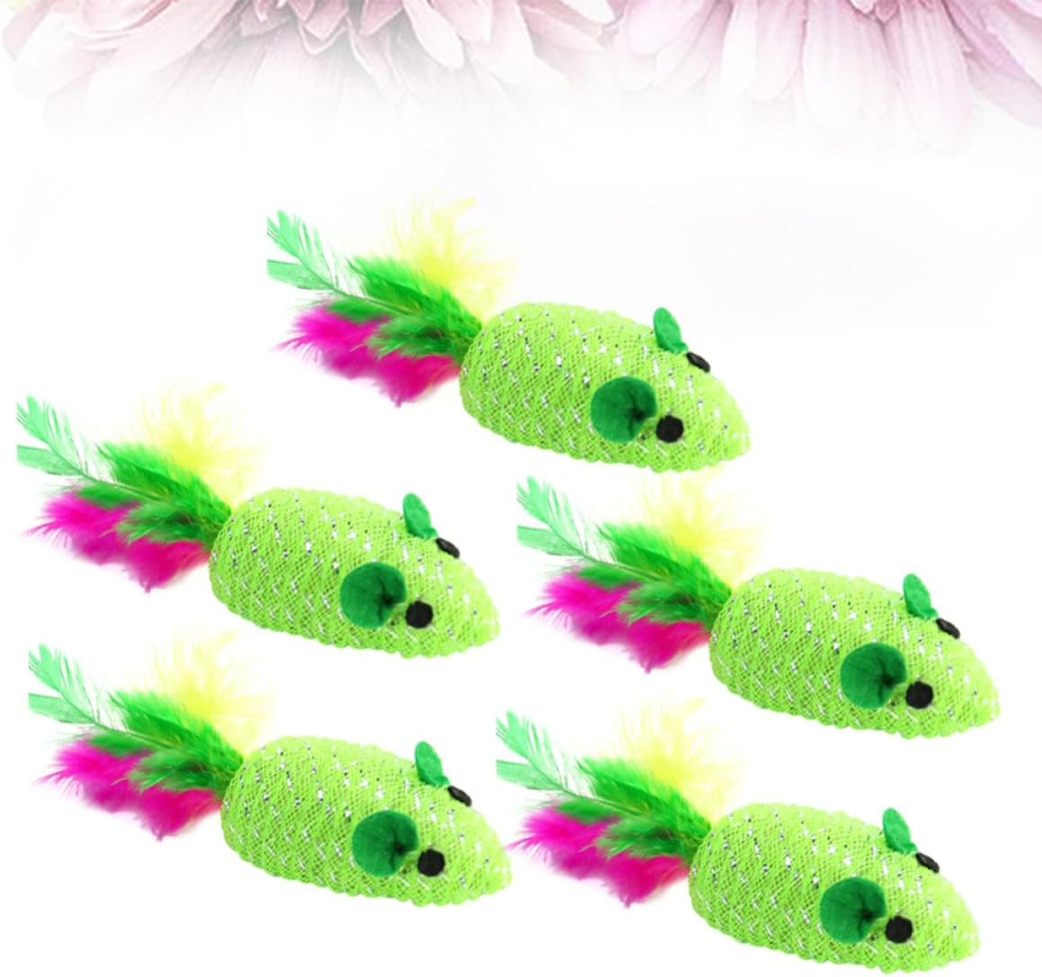 Gadpiparty 5pcs Green Woven Mouse Cat with Feather for Interactive Play and Cat Engagement Polyester Material for Kitten