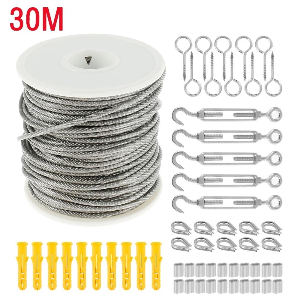 Cable metálico Kit de barandilla de Cable de Imagen de 15M/30M, Tornillo de Ojo de Tornillo de Alta Resistencia for jardín, Tensor de Alambre, colador, Cuerda de Cable recubierta(30M)