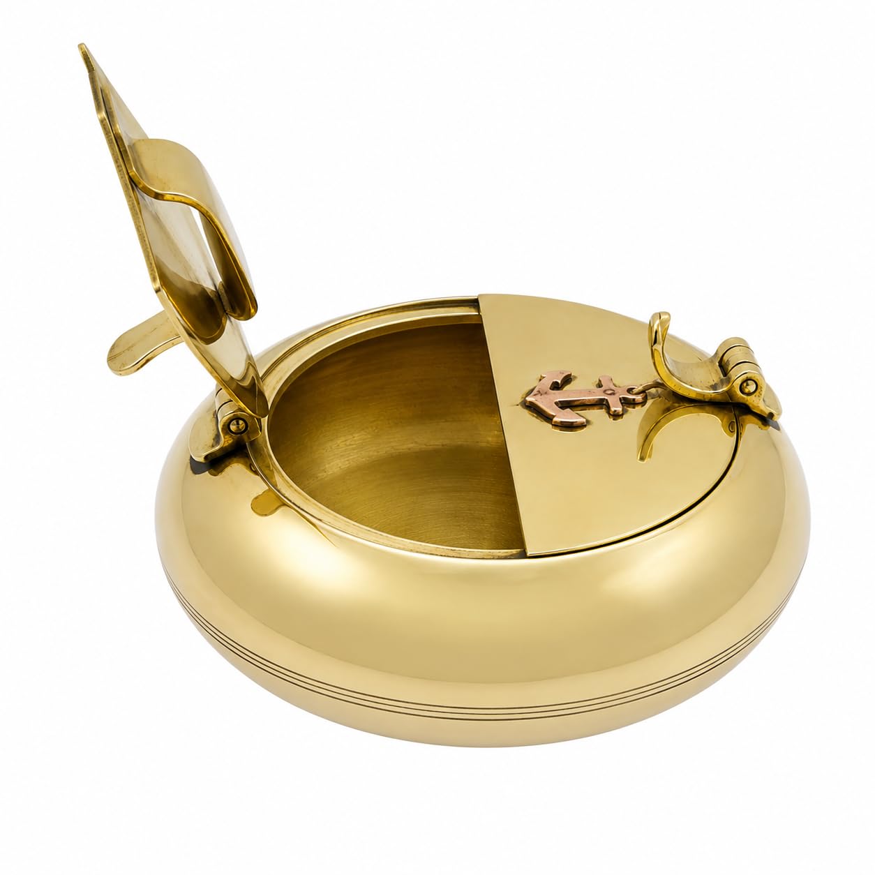 Handmade Solid Brass Ashtray with Dual Flip Lid, Vintage Nautical Round Table Ashtray, Antique Desktop Smoking Accessory, Decorative Brass Home Office Décor-image-2