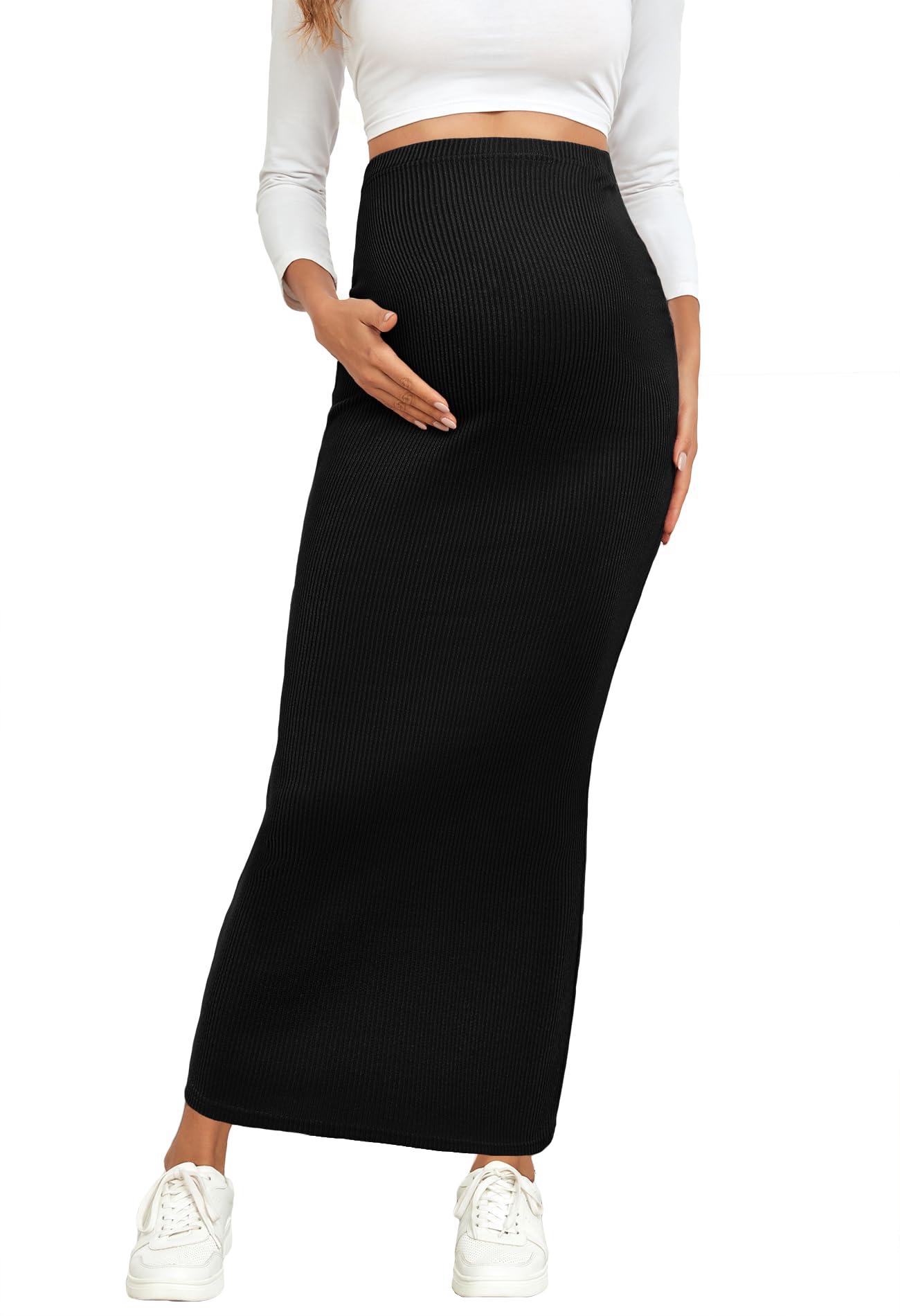 AISWI 2024 Maternity Adjustable Waist Rib Knit Maxi Skirt Over The Belly Stretchy Pregnancy Long Pencil Skirts