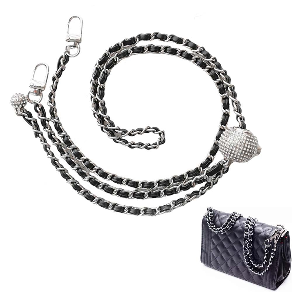SSyang Thin Handbag Chain Strap Adjustable, Bag Chain in Gold Ball Design, Pu Leather Braid Bag Chain Strap, Thin Purse Chain Strap Adjustable, 120cm, for Messenger Bag,DIY Bag Making (Black + Silver) — image 1