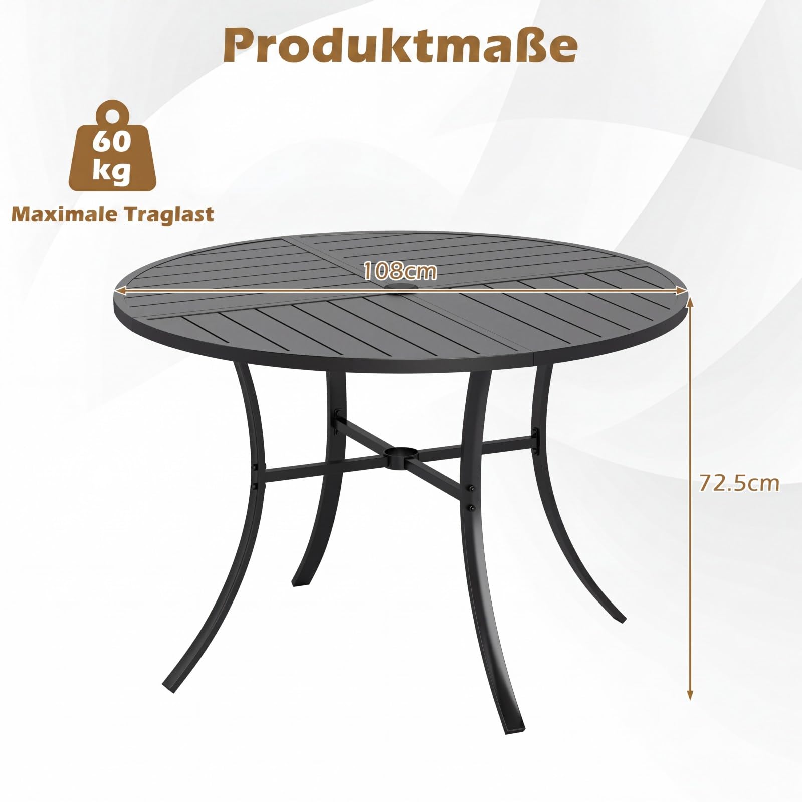 COSTWAY Gartentisch Metall, 108x108cm, wetterfester Terrassentisch mit Schirmloch, runder Balkontisch für 4 Personen, Outdoor-Esstisch für Garten, Terrasse, Balkon, Schwarz