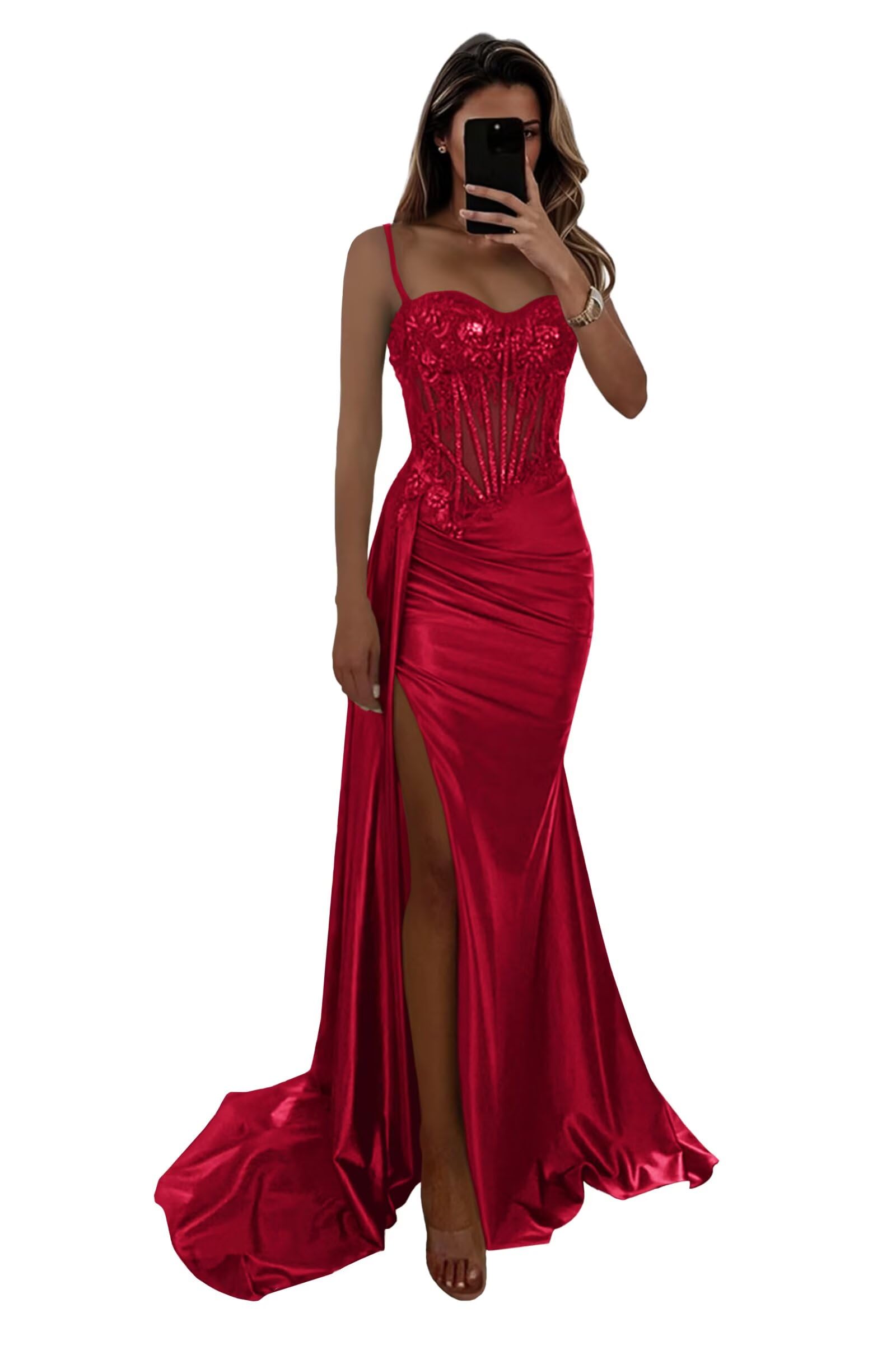 Satin Corset Prom Dresses with Slit Sparkly Lace Appliques Ruched Mermaid Long Formal Evening Gowns
