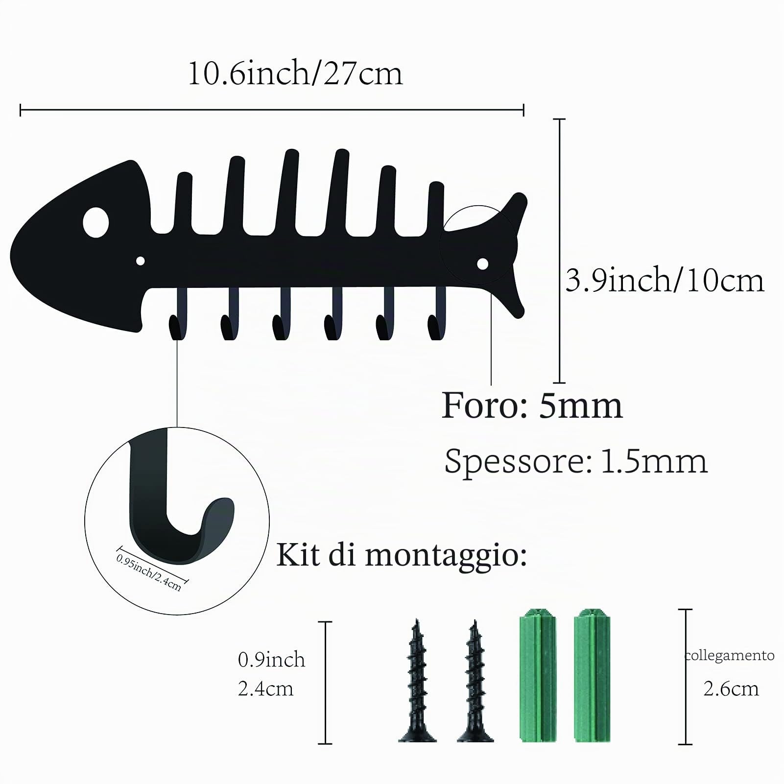 CREATCABIN Appendiabiti Da Parete Portachiavi In Metallo Appendiabiti Decorativo In Metallo con Design A Forma di Lisca di Pesce Organizer Rack con 6 ganci per Parete, Bagno, Cucina, Ingresso