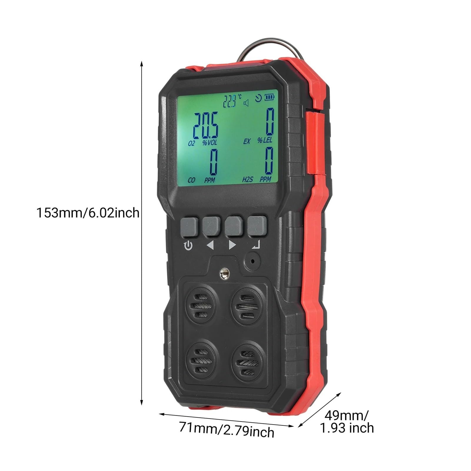 Monitor pomiaru gazów 4 w 1 Monitor gazu LEL/O2/H2S/CO Wyświetlacz LCD Dźwięk Światło Wibracja Alarm Rejestracja danych Precyzyjne czujniki do szybkiego wykrywania