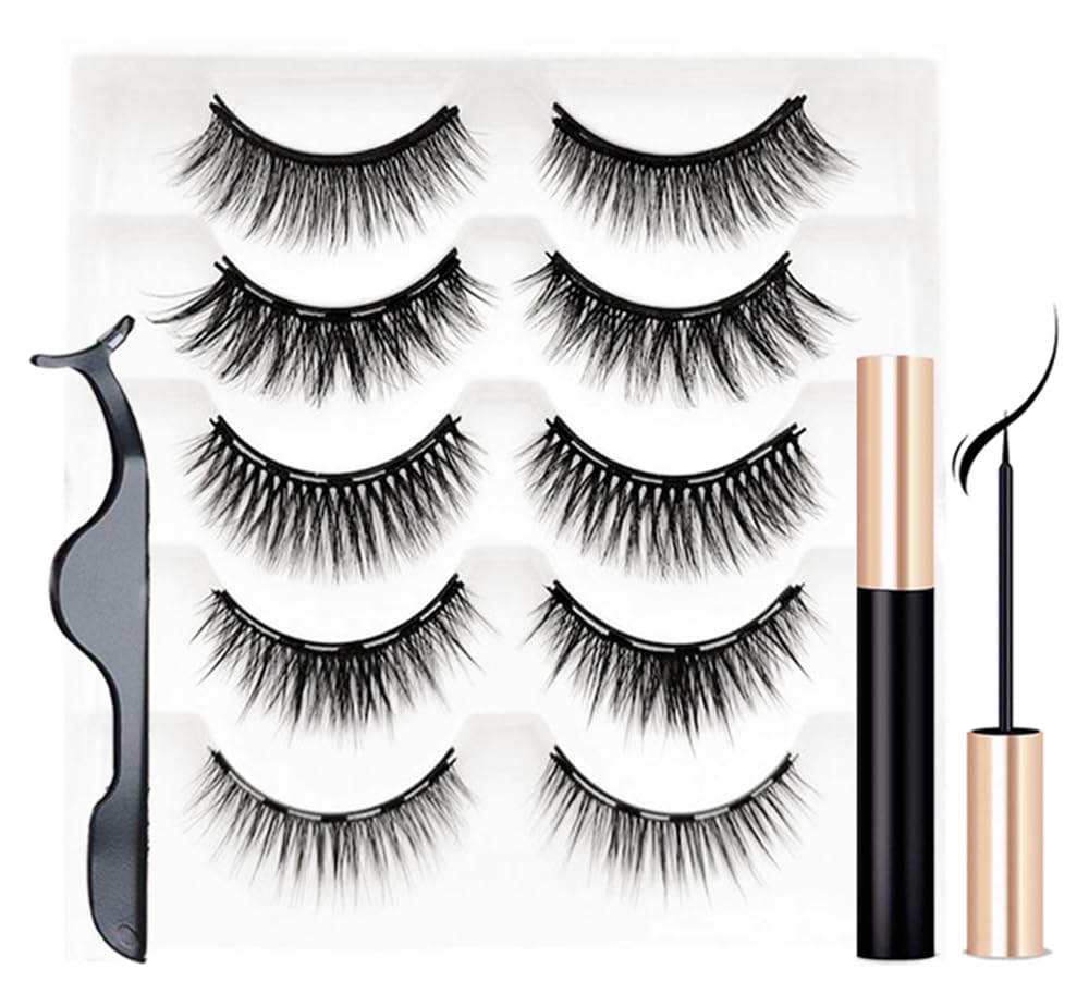 Magnetic Eyelashes and Eyeliner Kit, 5 Pairs Reusable Magnetic Lashes with Eyeliner and Tweezers, 3D Natural Look False Eyelashes, Magnetic Eyelashes Natural Look Kit, Easy to Wear, No Glue Needed
