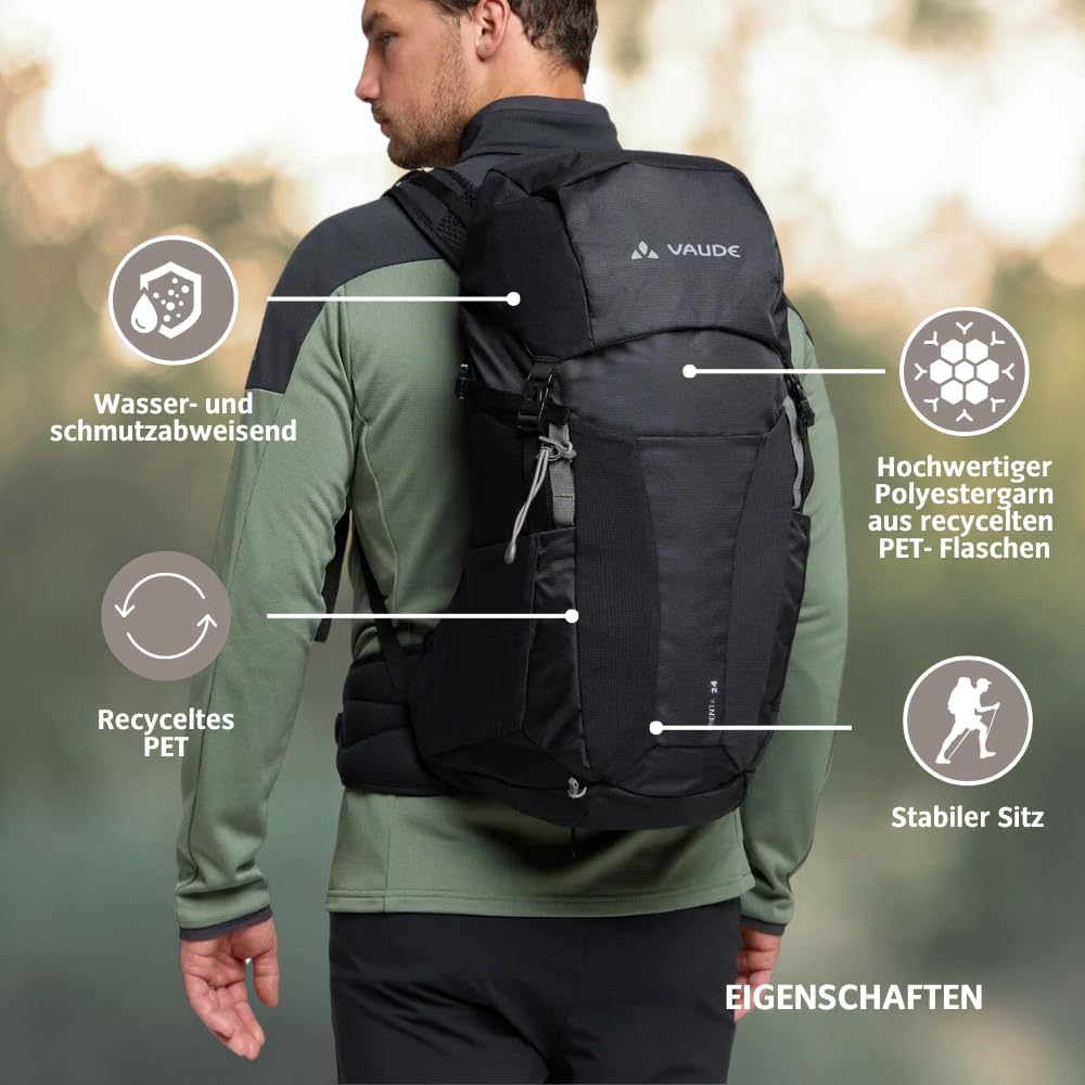 VAUDE Plecak turystyczny dla kobiet i mężczyzn, 24 litry, wentylacja Aeroflex 3D, z paskiem na ramię ErgoShape, pokrowcem przeciwdeszczowym i wykończeniem Eco Finish – na jednodniowe wycieczki