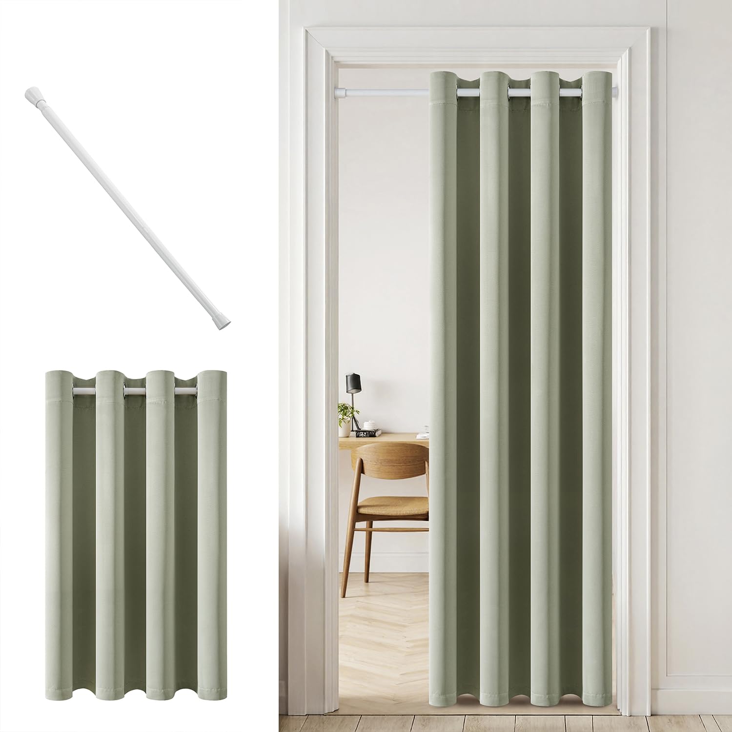 MIULEE Cortinas Salon Opacas Cortina para puerta con barra telescópica 1 Pieza 150x200CM,Verde Salvia Dormitorio Moderna Cortinas Anti Luz,separador de ambientes cortina Blackout para puerta con Ojale