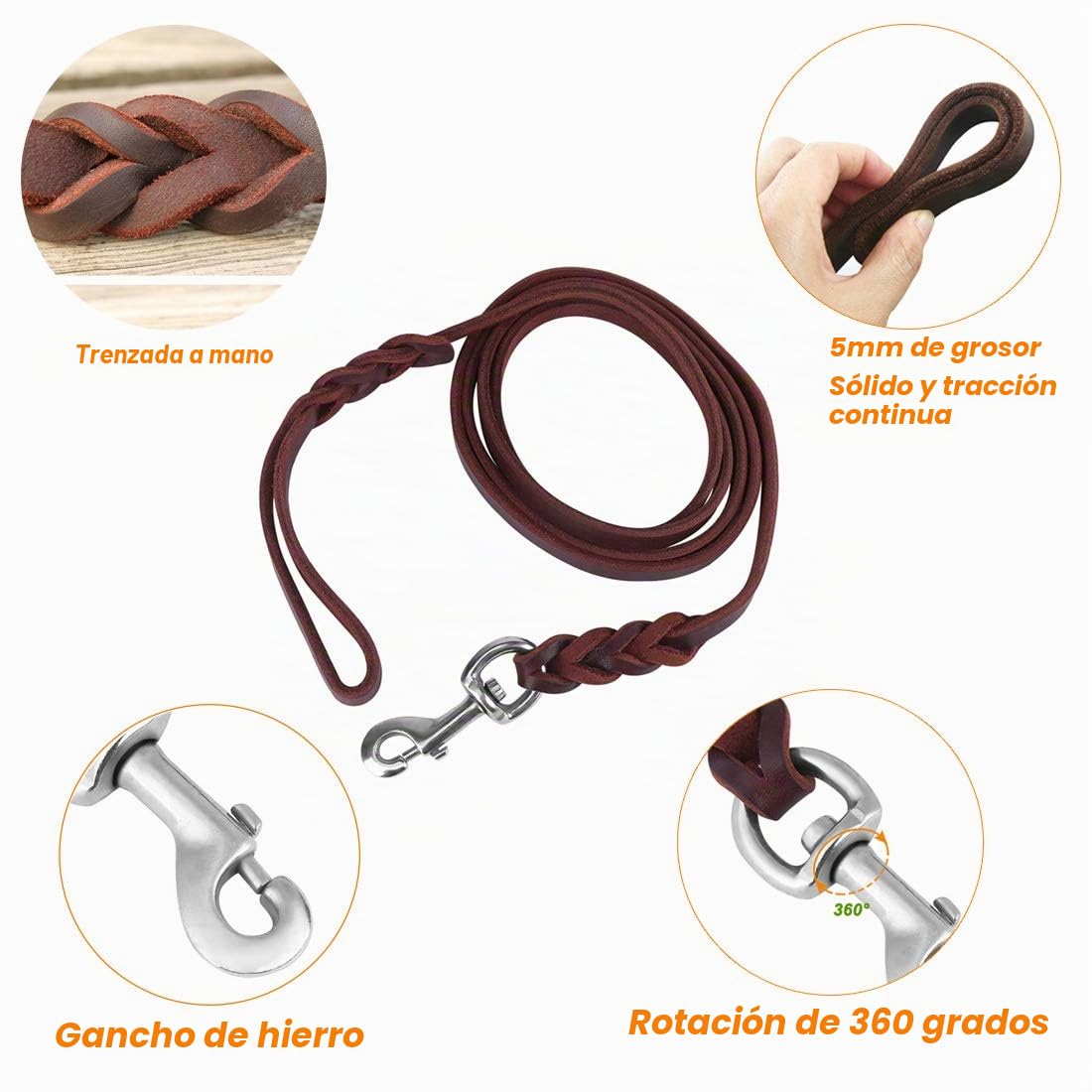 Correa de Perro de Cuero para Perros Grandes/Medianos/Pequeños, Trenzado de Cuero Genuino para Entrenamiento de Caminar, para Aventuras al Aire Libre, Senderismo, Camping, Marrón (2.6 m)