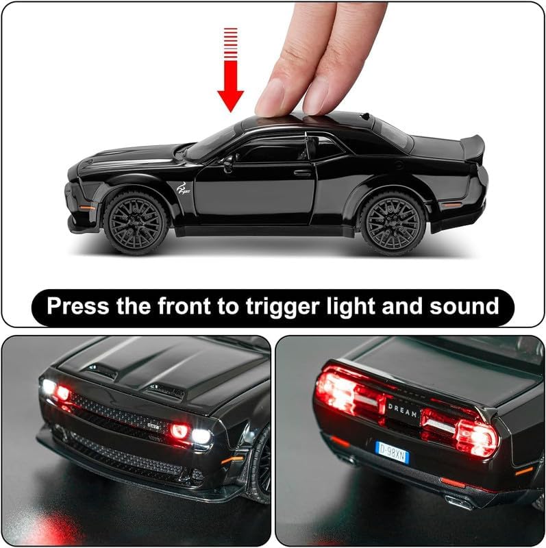 Image of Model 1:24 Dodge Challenger Model Alloy Metal Pull Back Die-cast Car Openable Doors with Sound and Light Vehicle Car Toy for Kids - Multicolor